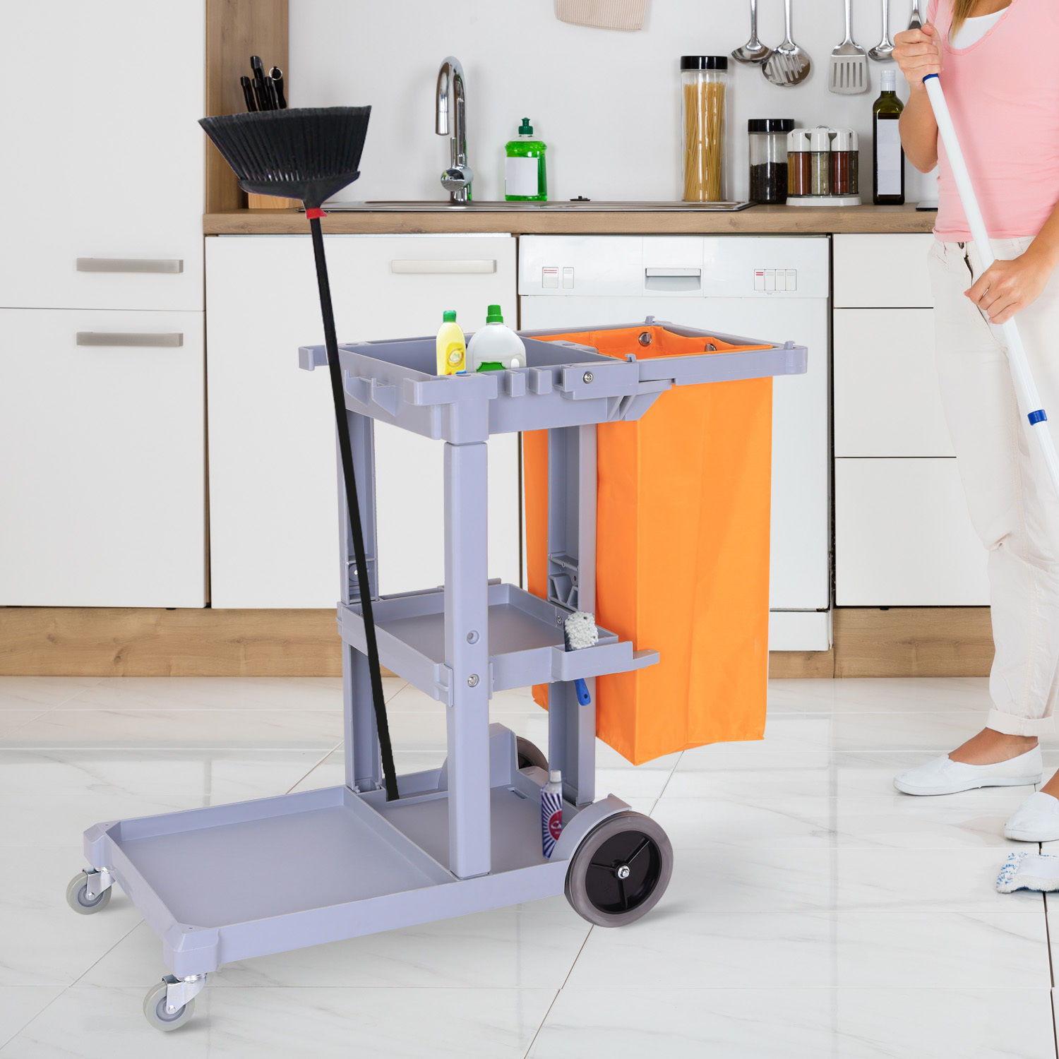 HOMCOM Chariot de conciergerie commercial avec étagères à 3 niveaux, chariot de nettoyage professionnel avec sac poubelle avec couvercle et support de balai pour hôtel, restaurant, bureau, Bleu