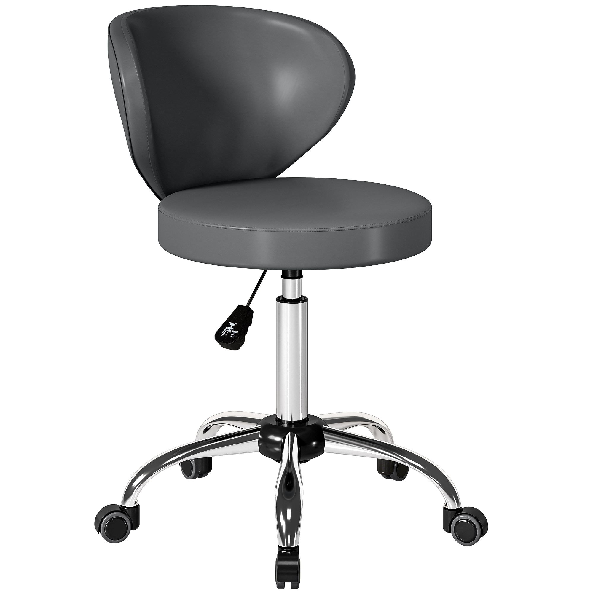 HOMCOM Taburete con ruedas, taburete de masaje en PU con altura regulable 73-88 cm y respaldo, giratorio 360°, gris