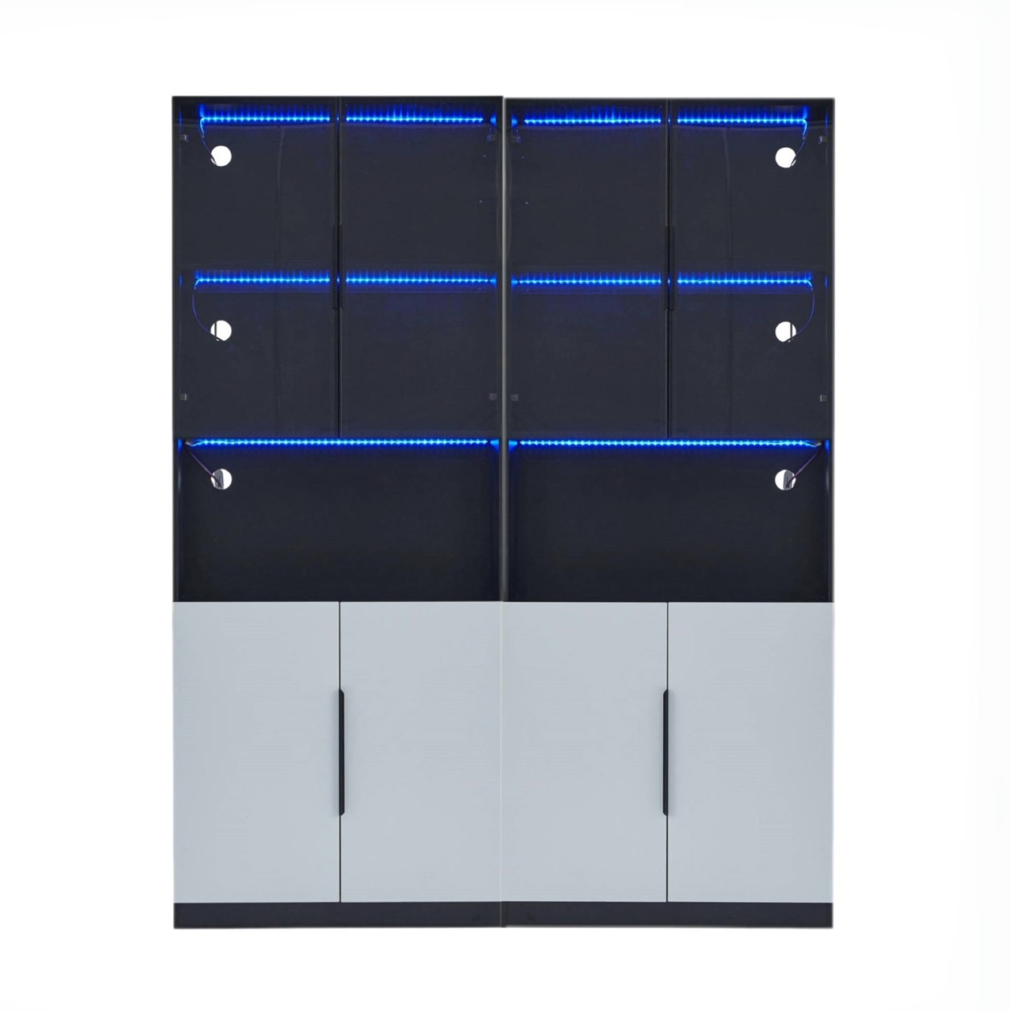 Moderna vetrina minimalista con ante in vetro, illuminazione LED, 160x30x200 cm, Bianco