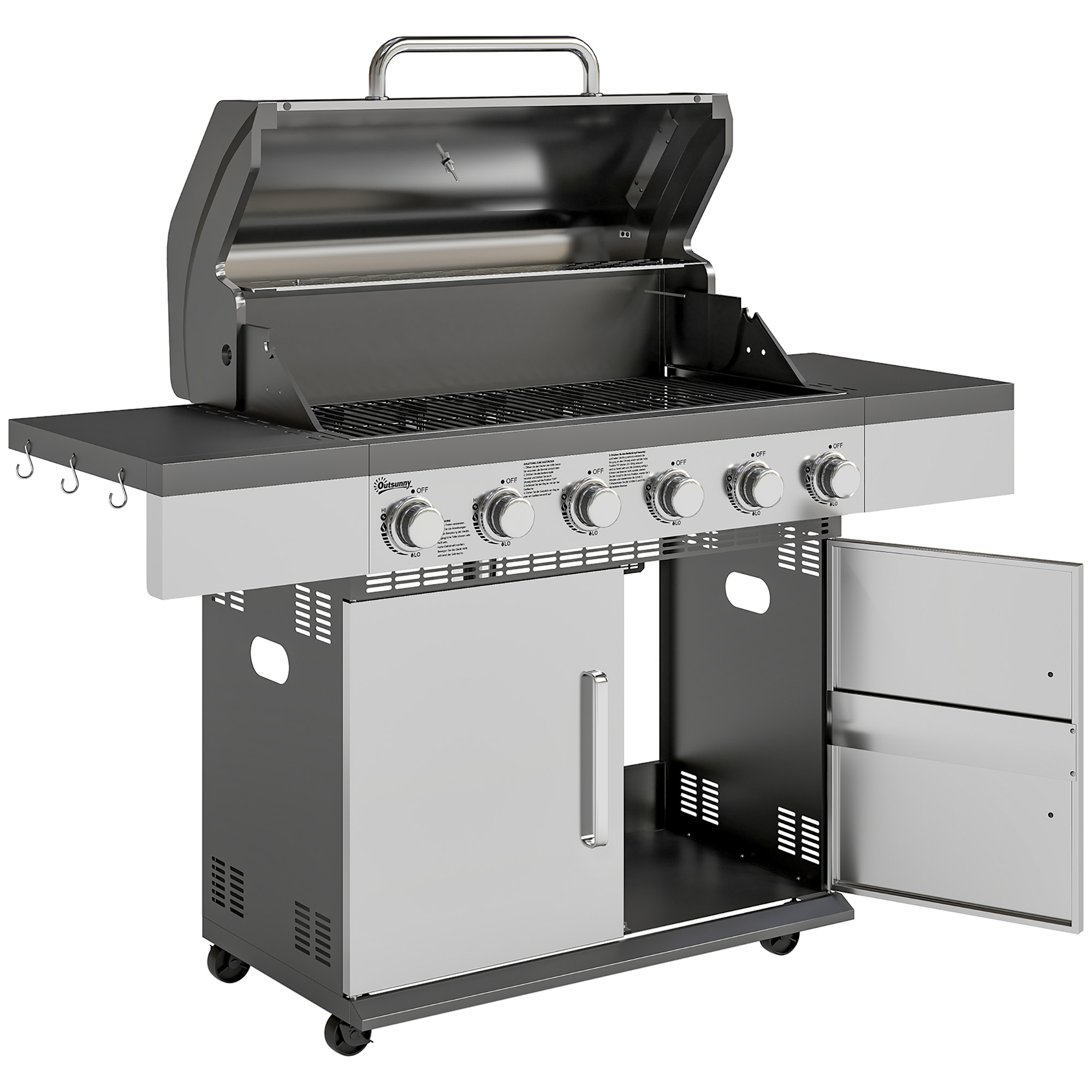 Outsunny Grill Gazowy 8500BTU z Wózkiem, 6 Palników ze Stali Nierdzewnej, Termometr, Regulator Ciśnienia 141 x 55 x 110 cm Srebrny