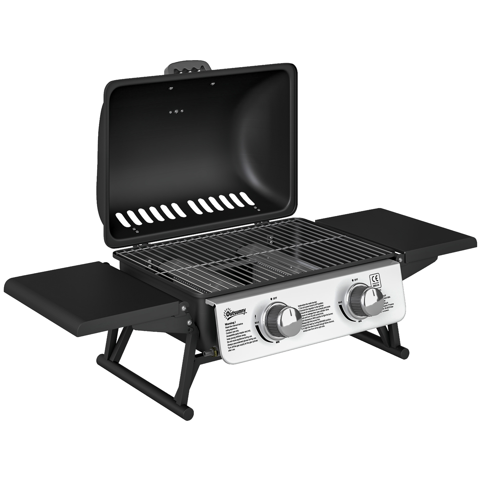 Outsunny Grill Gazowy 5,6 KW z 2 Palnikami Ze Stali Nierdzewnej i Składanymi Bocznymi Stolikami 101 x 48 x 41 cm Czarny