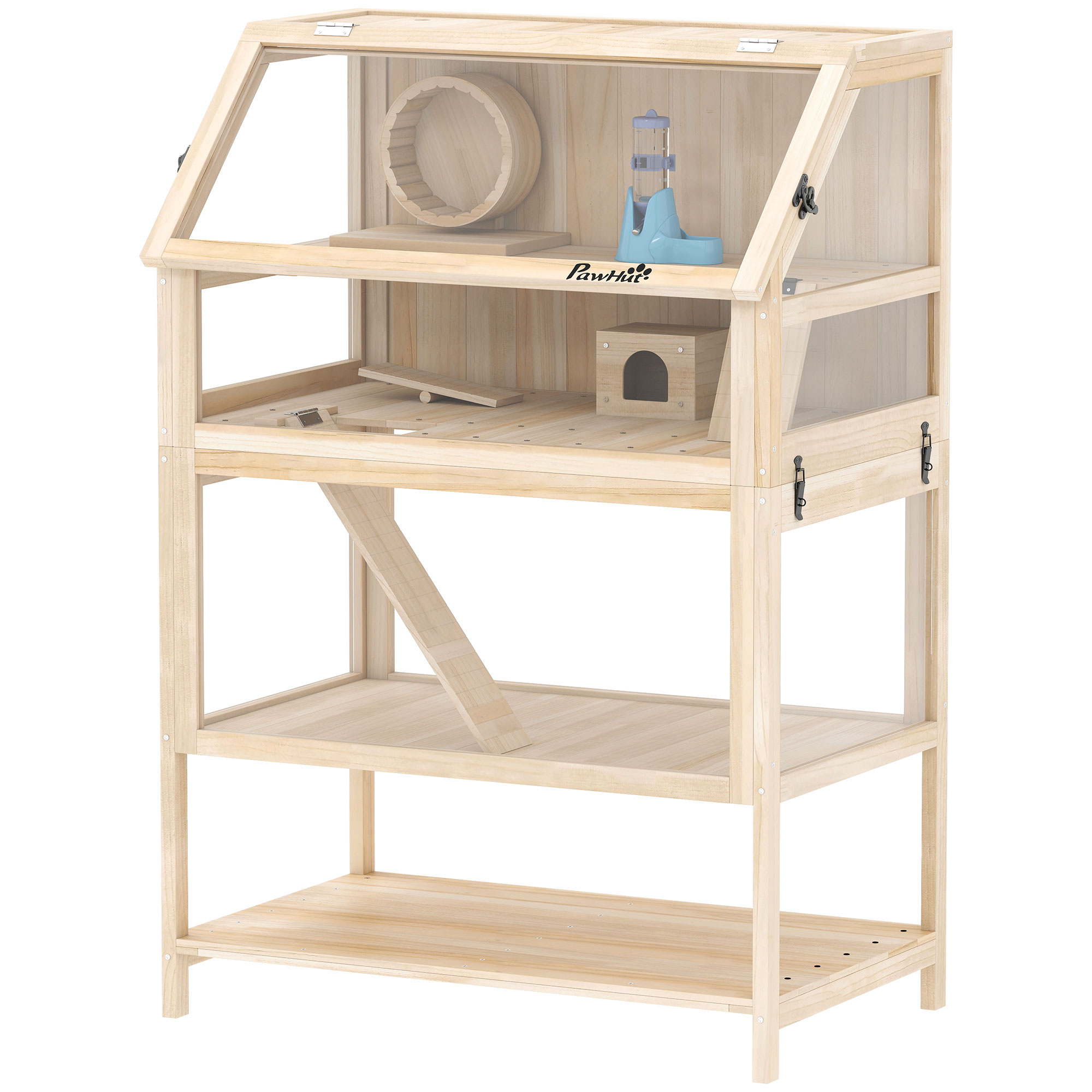 Comparer les prix de PawHut Cage pour hamster habitat pour rongeur 3 étages avec panneau acrylique et roue 80x53x117cm effet bois naturel