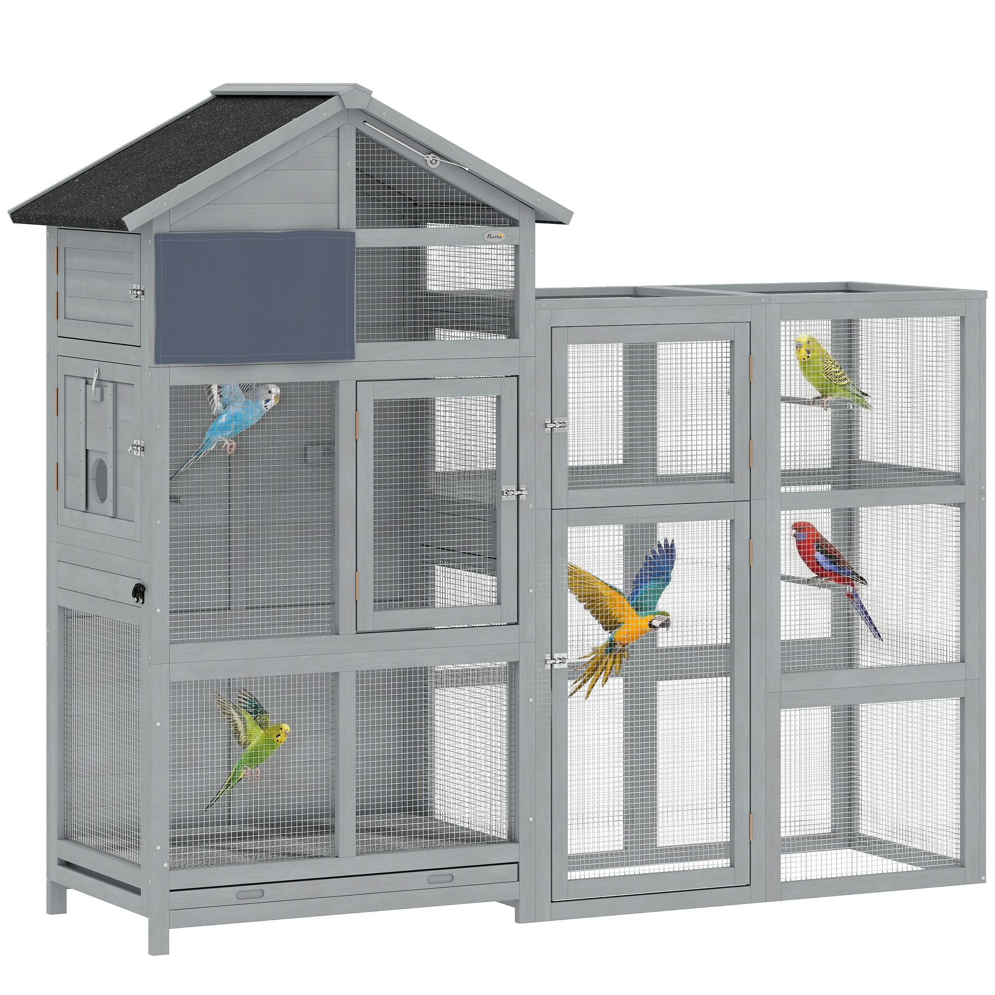 PawHut Vogelvolière van Hout met 6 Zitstokken Ruime Vogelkooi met RVS Voerbakken Uitschuifbare Lade en Opbergvak 196x60x164,5cm Grijs | Aosom.nl