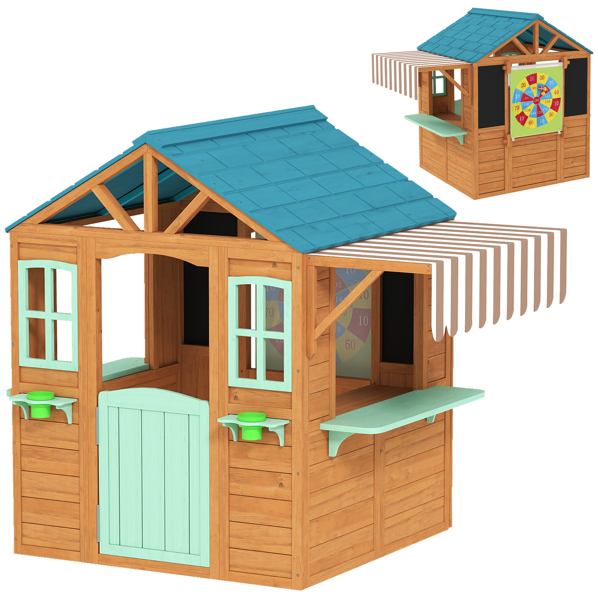 AIYAPLAY Casita infantil para exterior con mostrador de venta, macetero, pizarra de tiza, diana 4 bolas 142 x 120 x 141,5 cm Multicolor