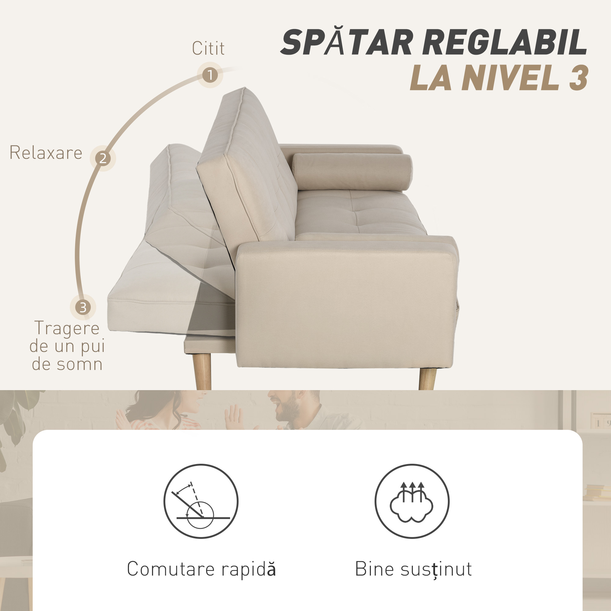  Canapea Extensibila 2-in-1, 3 Locuri, Material Din In si 2 Perne Detasabile, Bej [4]