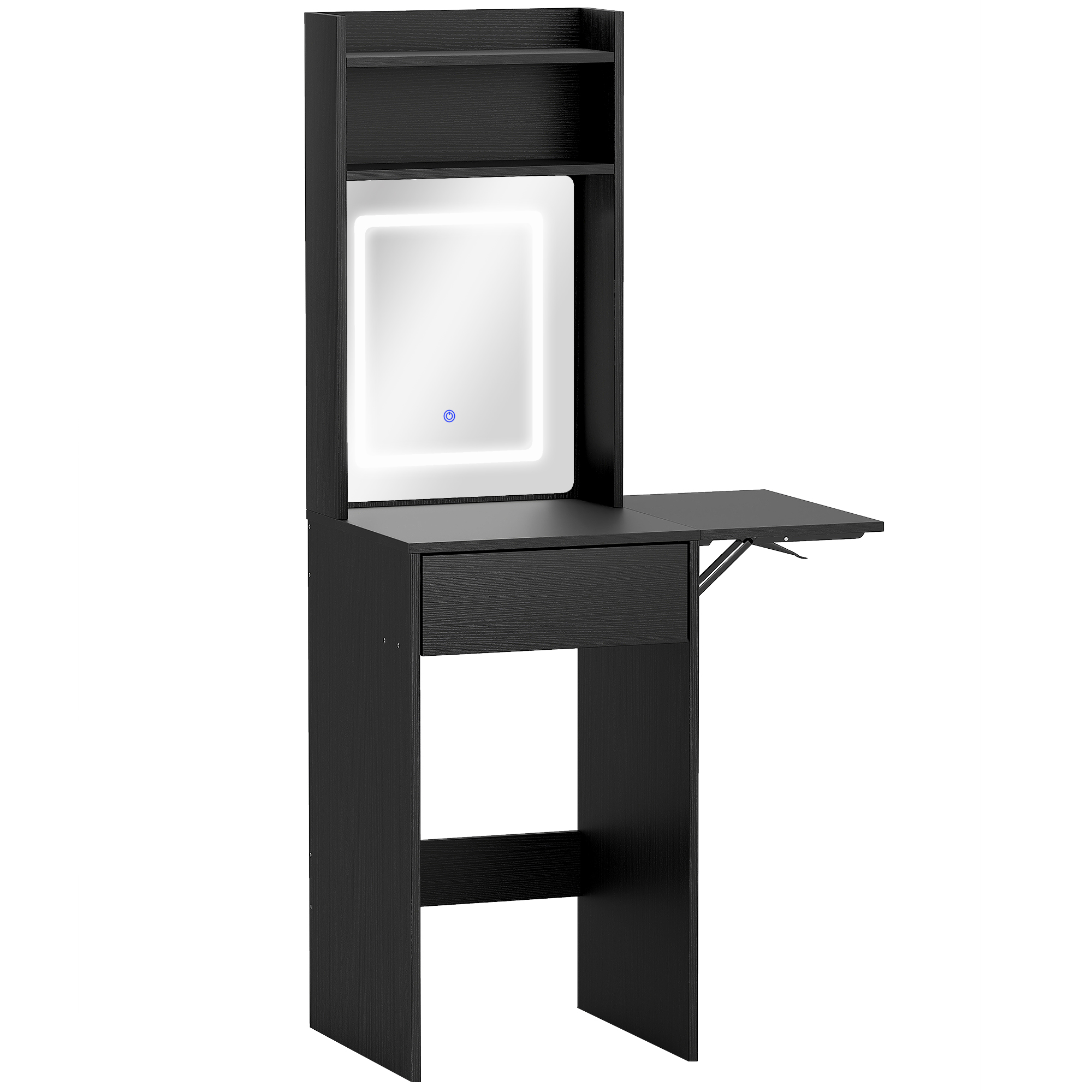 HOMCOM Small Vanity Desk with Mirror and LED Lights, Compact Dressing Table with Drop Leaf, Open Shelves and Drawer, Black