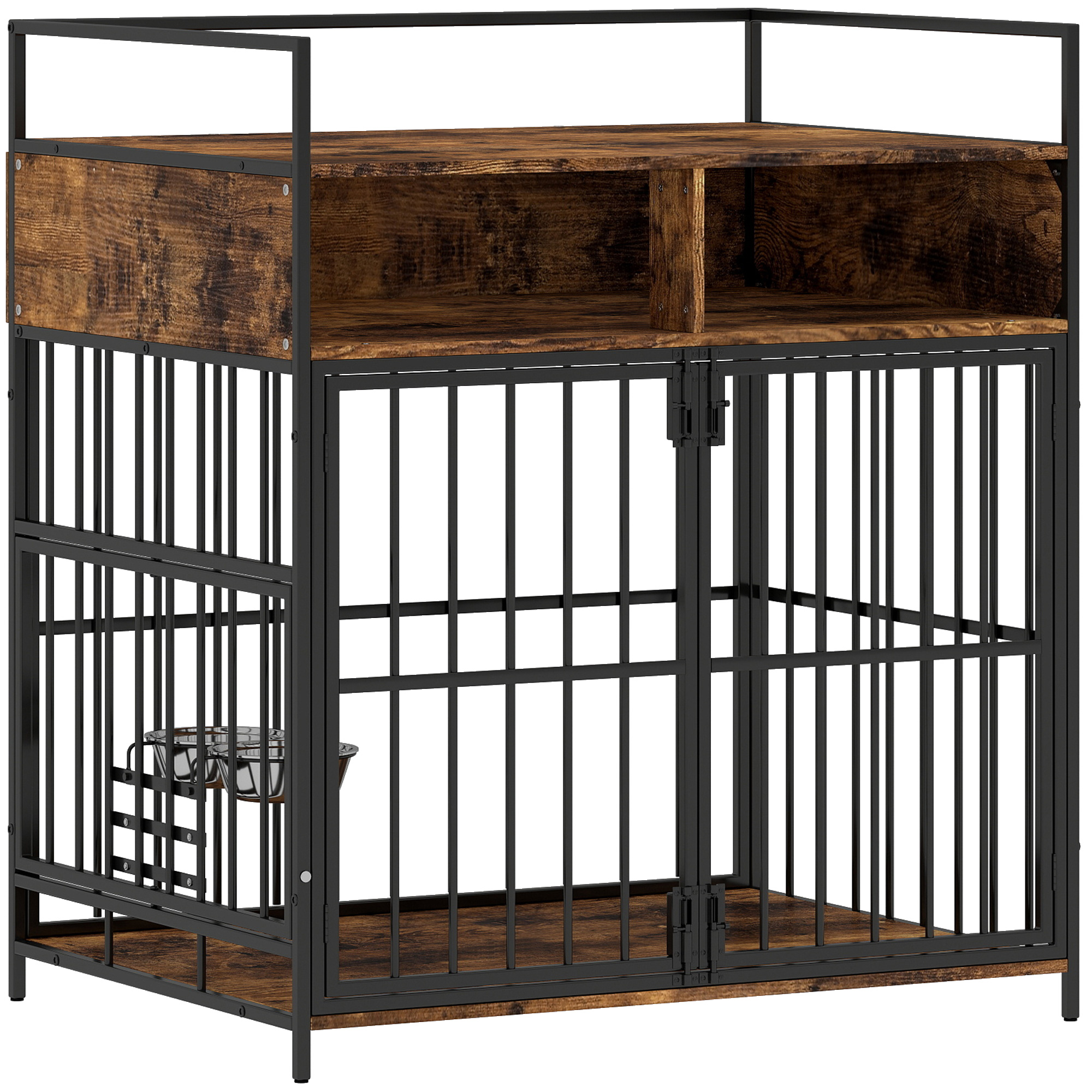 PawHut Dog Crate Furniture, Dog Cage with Rotatable Feeding Station and Storage Shelves, End Side Table Indoor Pet Kenne