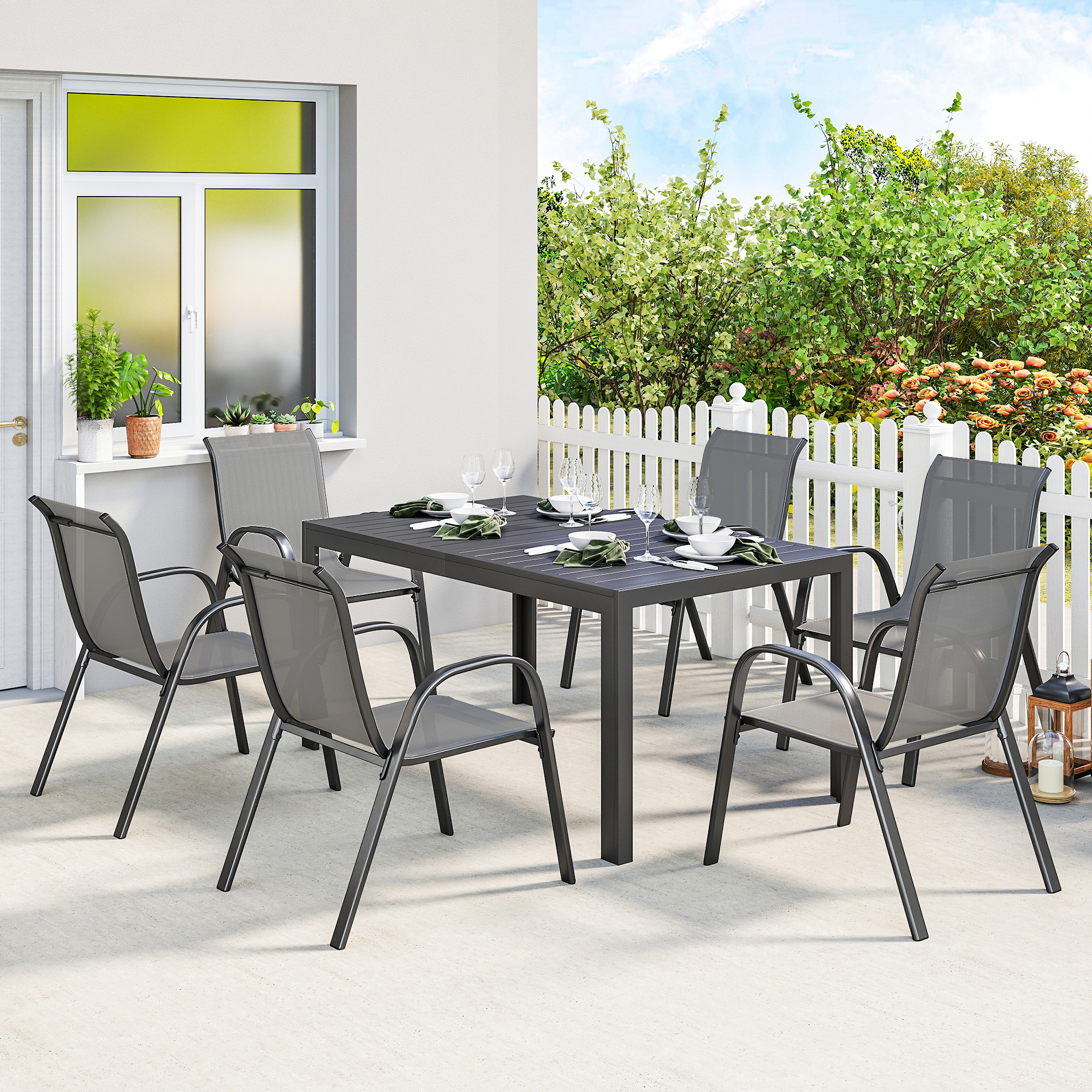 Outsunny Gartenmöbel Set Sitzgruppe 7-teilig Tisch mit 6 Atmungsaktiven Sta günstig online kaufen