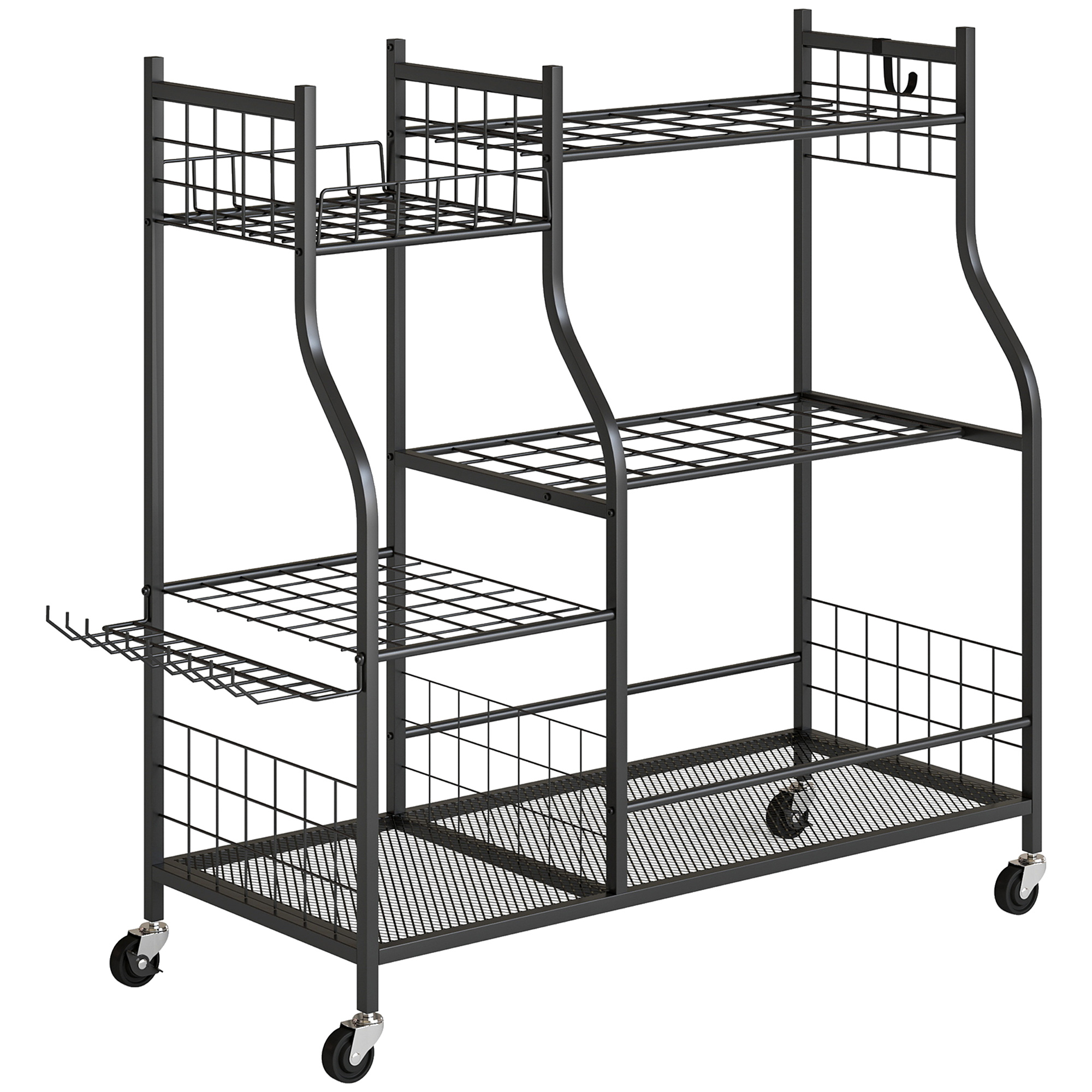 Outsunny Organizator de Ounelte de Grădină în Oțel pe 3 Nivele, 74 Emplacements, 4 Roues, 11 Crochets, 104x40x95cm, Negru | Aosom Romania