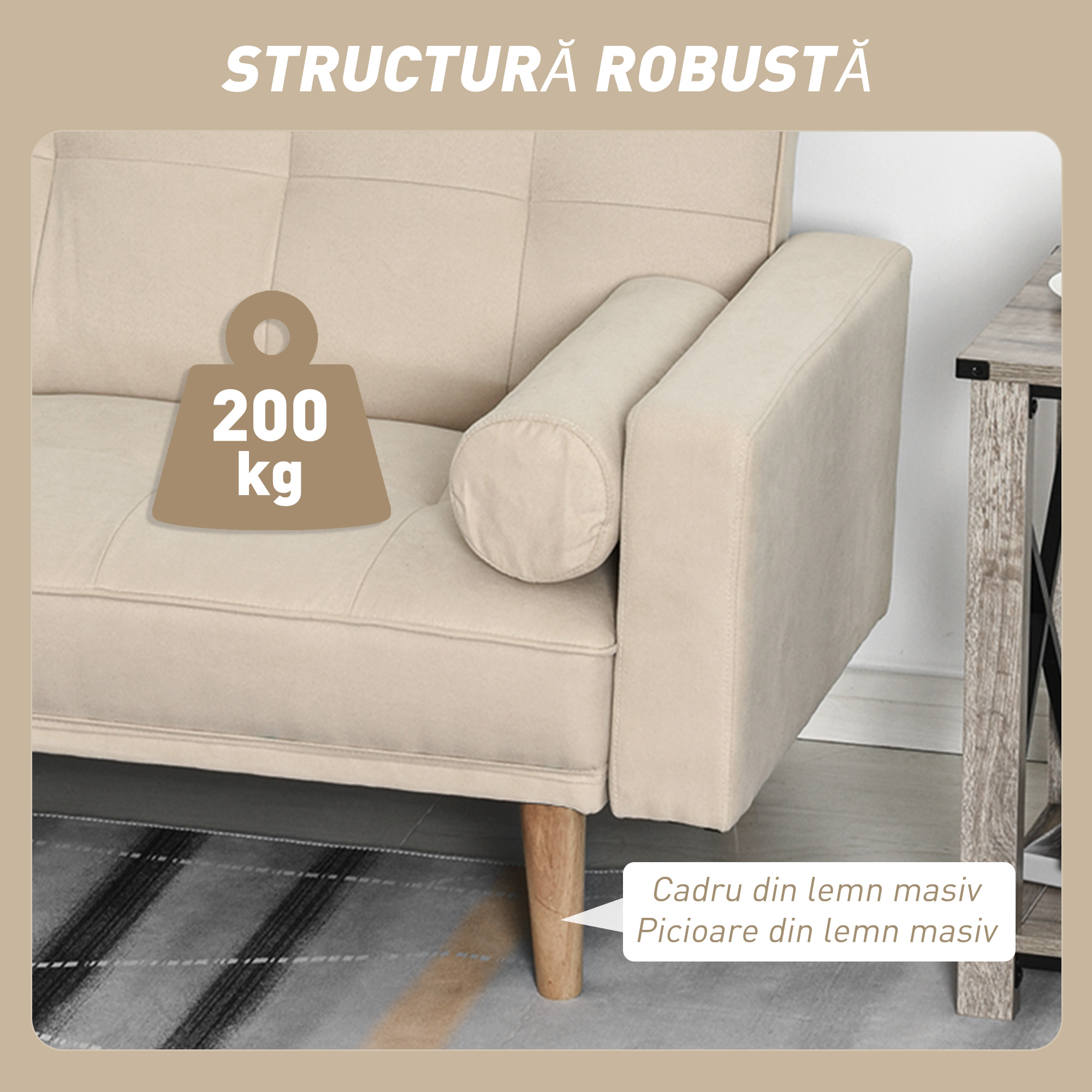  Canapea Extensibila 2-in-1, 3 Locuri, Material Din In si 2 Perne Detasabile, Bej [6]