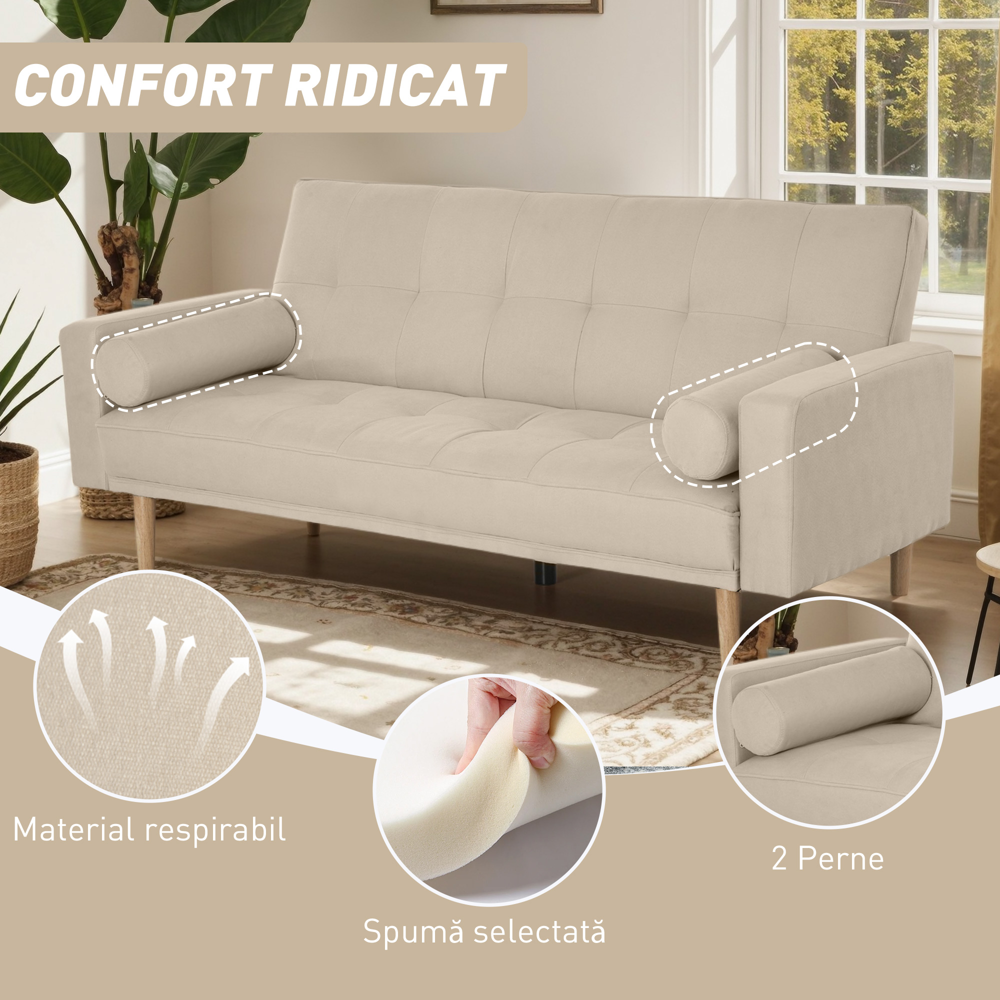  Canapea Extensibila 2-in-1, 3 Locuri, Material Din In si 2 Perne Detasabile, Bej [5]