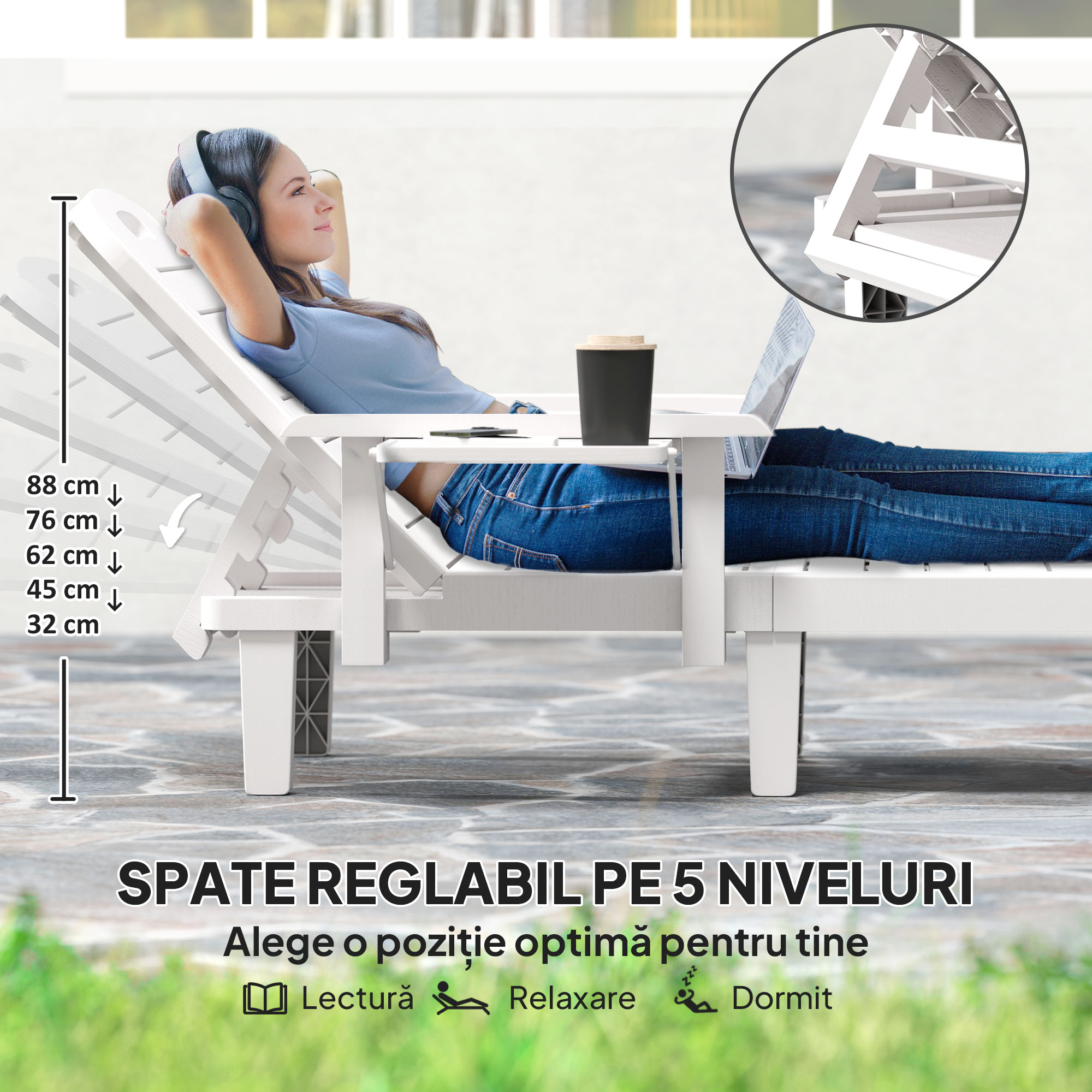  Set 2 sezlonguri cu Spatar Reglabil in 5 Pozitii, Masuta si Brate Ergonomice, 79x158x88 cm, Alb [3]