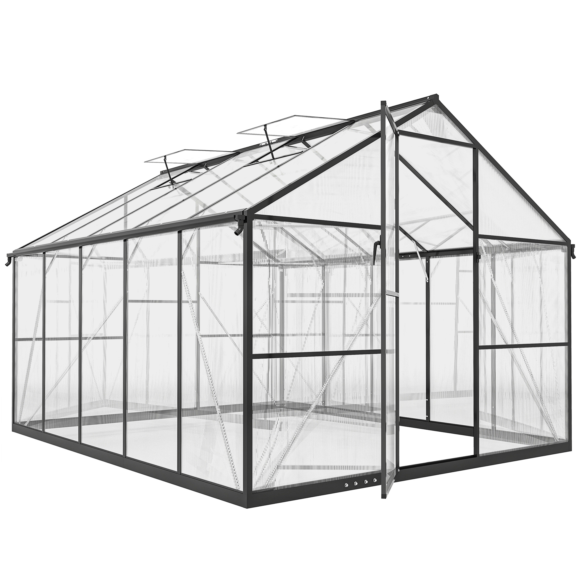 Seră de grădină Outsunny din aluminiu și policarbonat, 7,5㎡, cu ușă cu balamale, 2 ferestre reglabile, sistem de drenaj, anti-UV, 304x247x205cm, negru | Aosom Romania