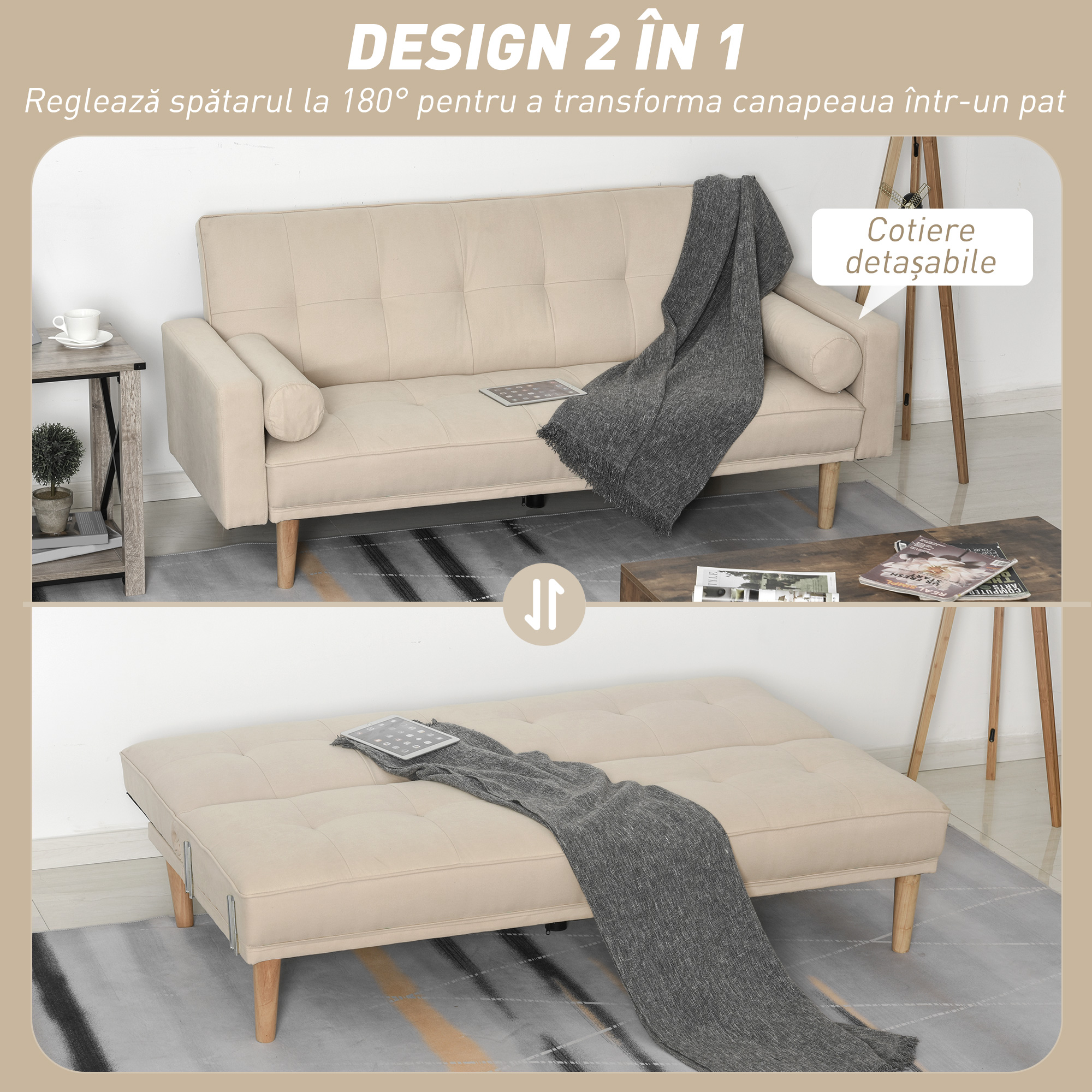  Canapea Extensibila 2-in-1, 3 Locuri, Material Din In si 2 Perne Detasabile, Bej [3]