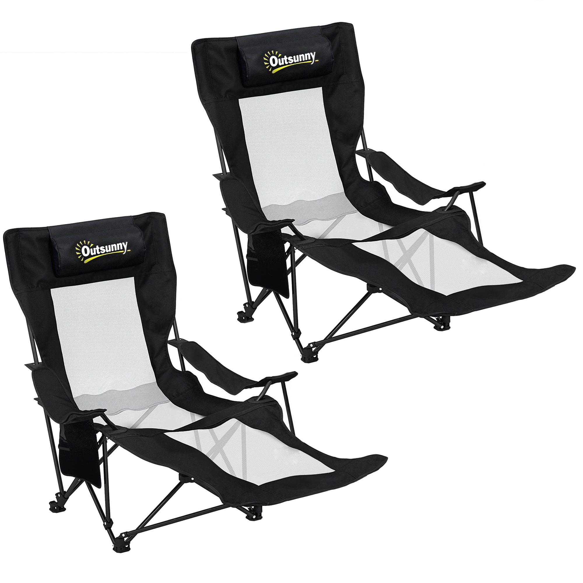 Outsunny 2er-Set klappbare Campingstühle, tragbare Campingliegen mit 4-stufig verstellbarer Rückenlehne, abnehmbarem Fußstütze, Kopfstütze, Getränkehalter, Seitentasche, Tasche, Belastbarkeit 120 kg, Schwarz Aosom