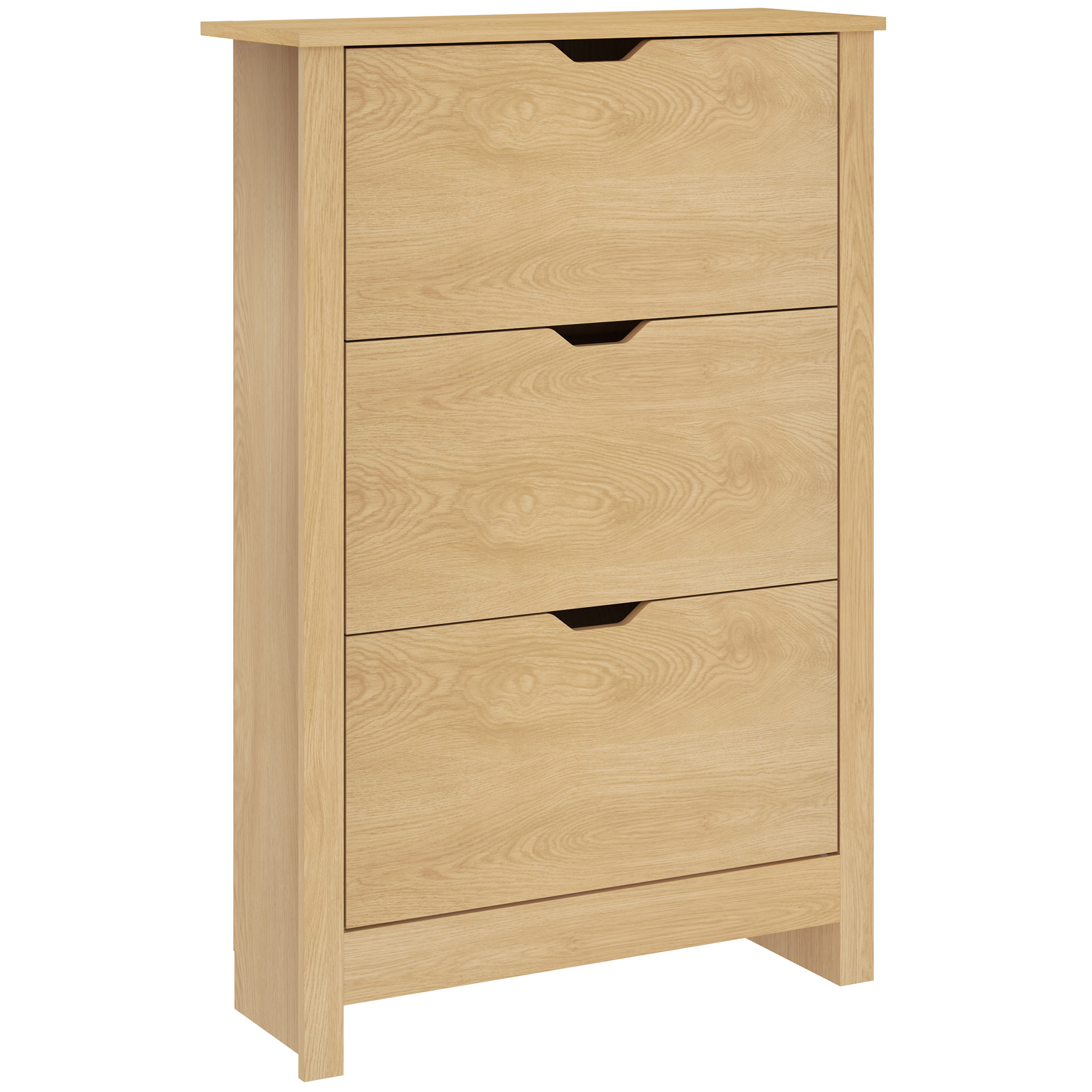 HOMCOM Schlanker Schuhschrank mit 3 Klappfächern, Flurschrank mit 2-fach verstellbaren Einlegeböden und erhöhtem Sockel, Platz für 18 Paar, eingelassener Griff, 72x26x112 cm, Holzoptik Aosom