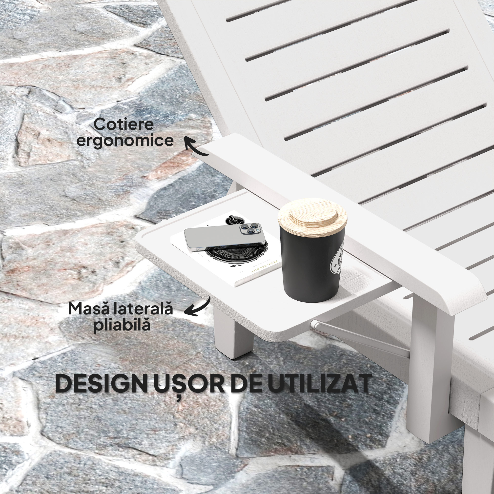 Set 2 sezlonguri cu Spatar Reglabil in 5 Pozitii, Masuta si Brate Ergonomice, 79x158x88 cm, Alb [4]