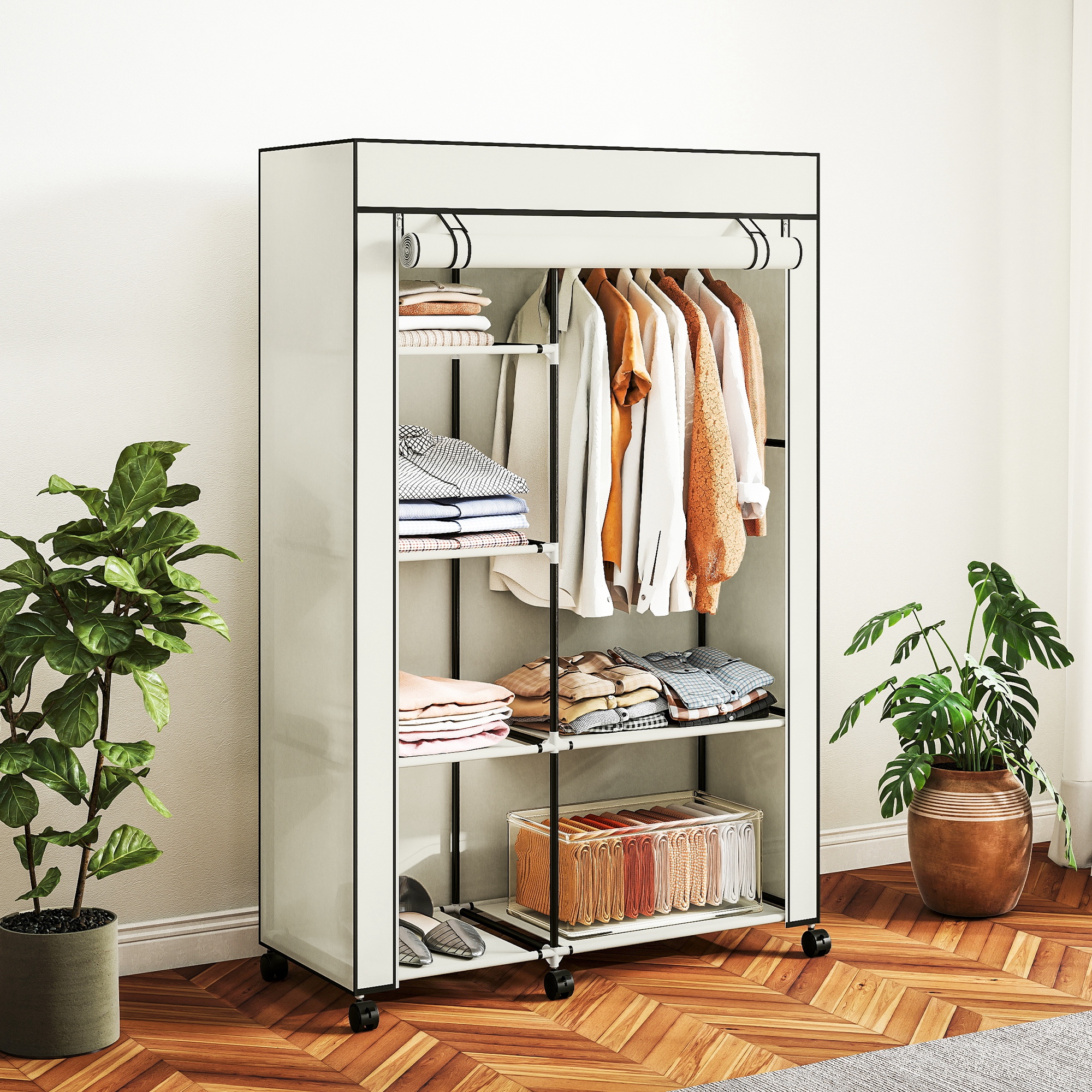 HOMCOM Kleiderschrank Stoffschrank mit Rollen, 6 Ablagen, Kleiderstange, Re günstig online kaufen