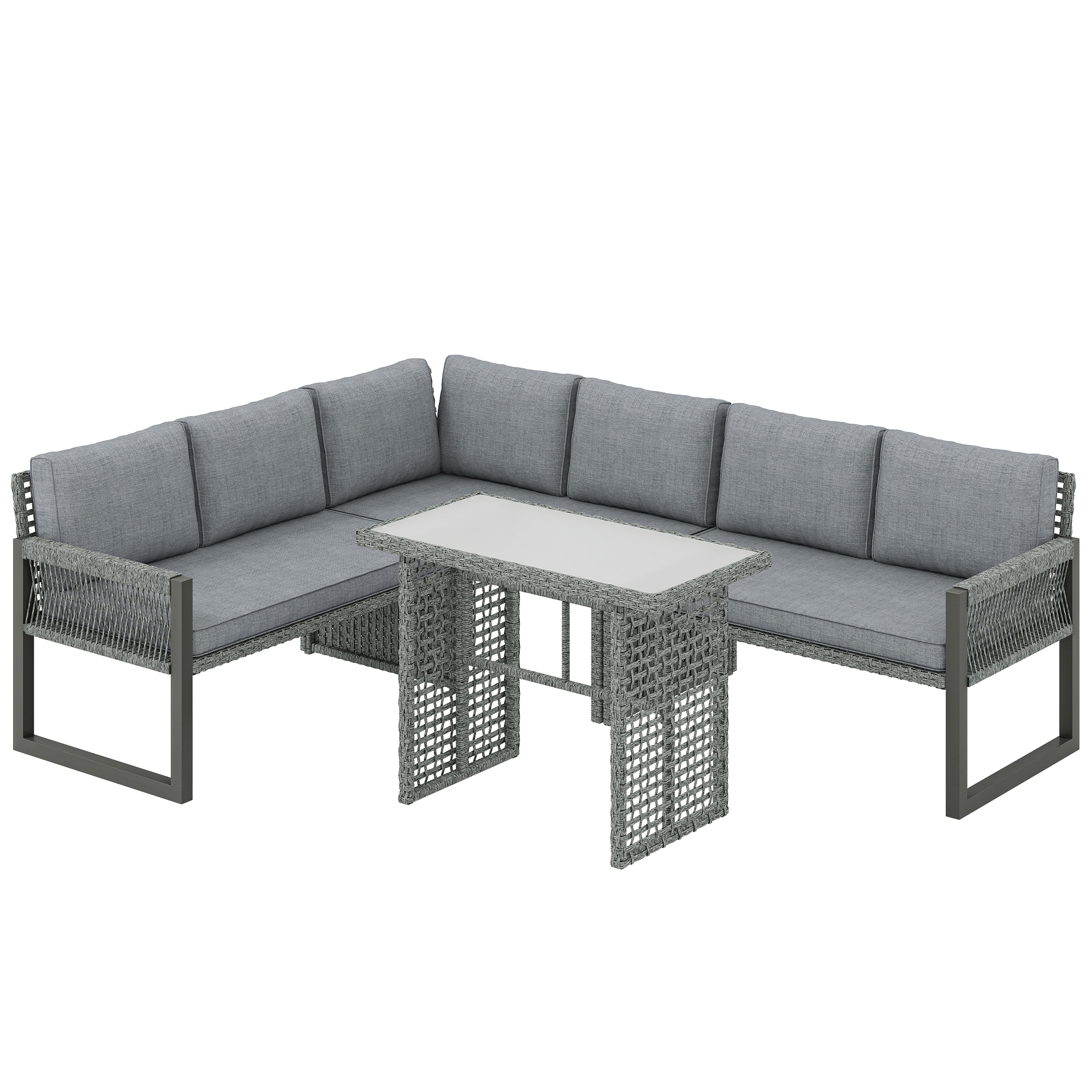 Outsunny 6 Seater Rattan Garden Furniture Set with 3 Loveseats, Table, Patio Rattan Furniture Corner Sofa Set, Grey