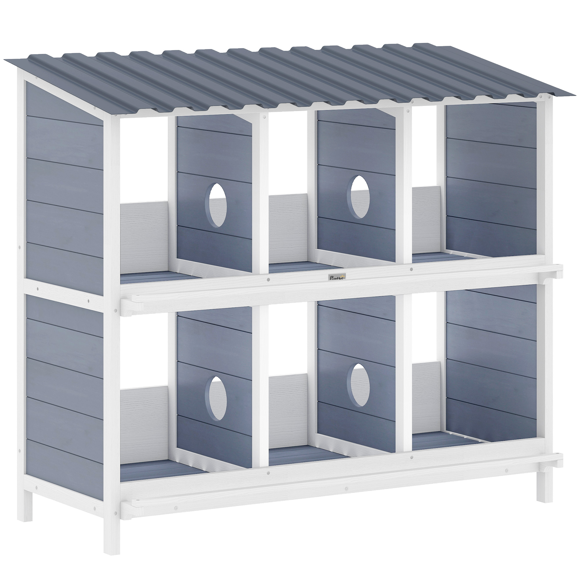 PawHut Nido de puesta para gallinas, nido elevado de madera con 6 compartimentos y 4 perchas para establo de pequeños animales 102 x 50 x 91 cm, Gris