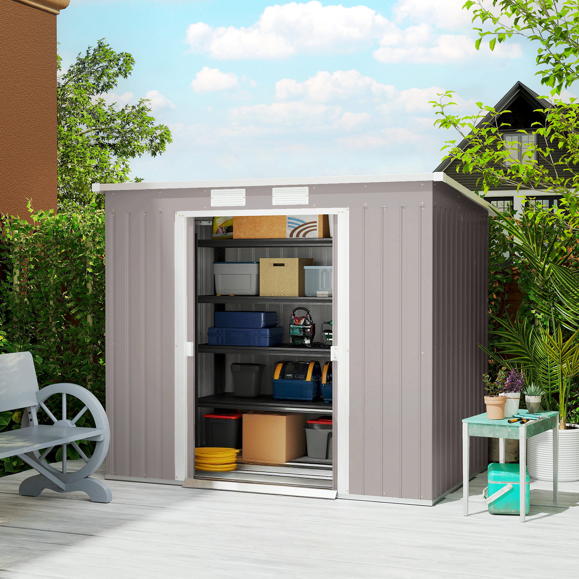 Outsunny Berging met ventilatieramen, schuifdeuren, gegalvaniseerd staal, 213 x 130 x 172 cm, Lichtgrijs