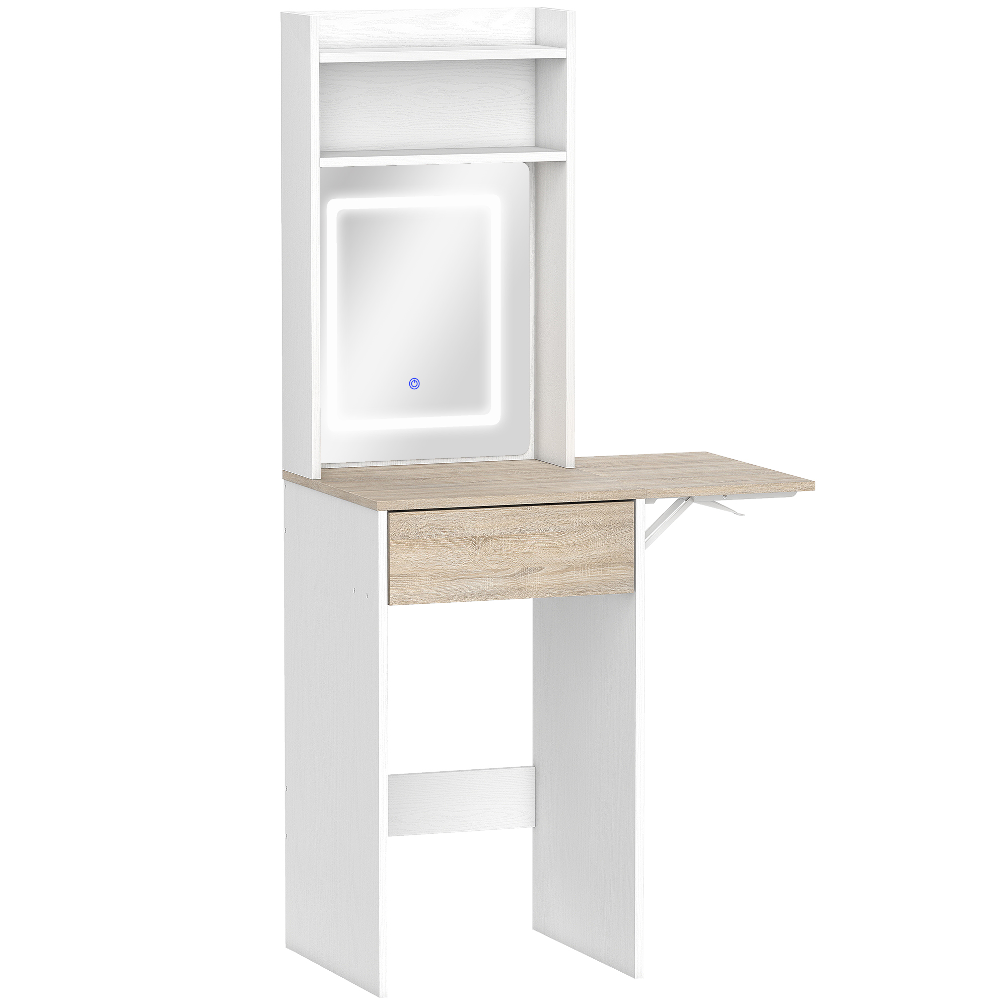 HOMCOM Small Vanity Desk with Mirror and LED Lights, Compact Dressing Table with Drop Leaf, Open Shelves and Drawer, White