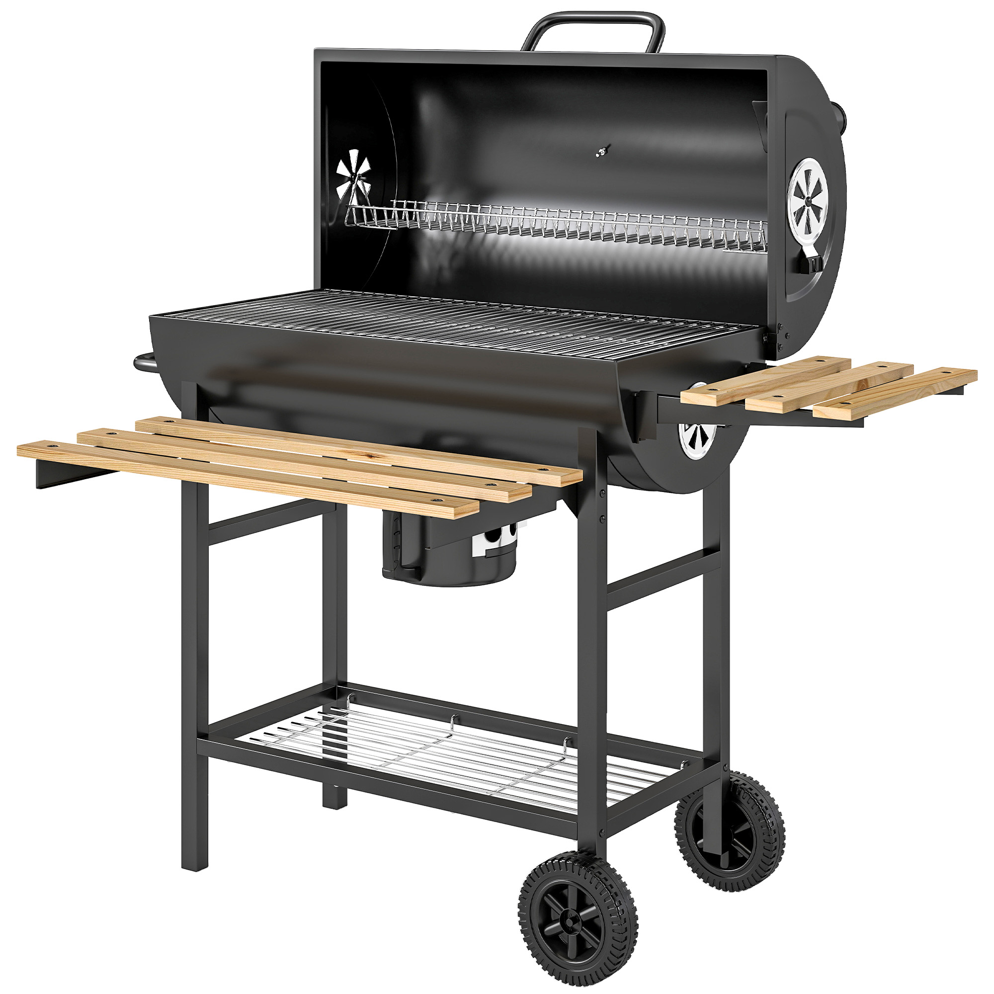 Outsunny Charcoal Grill, Barrel BBQ Smoker with Warming Rack, Charcoal BBQ Grill with Foldable Shelves, Natural Wood and Black