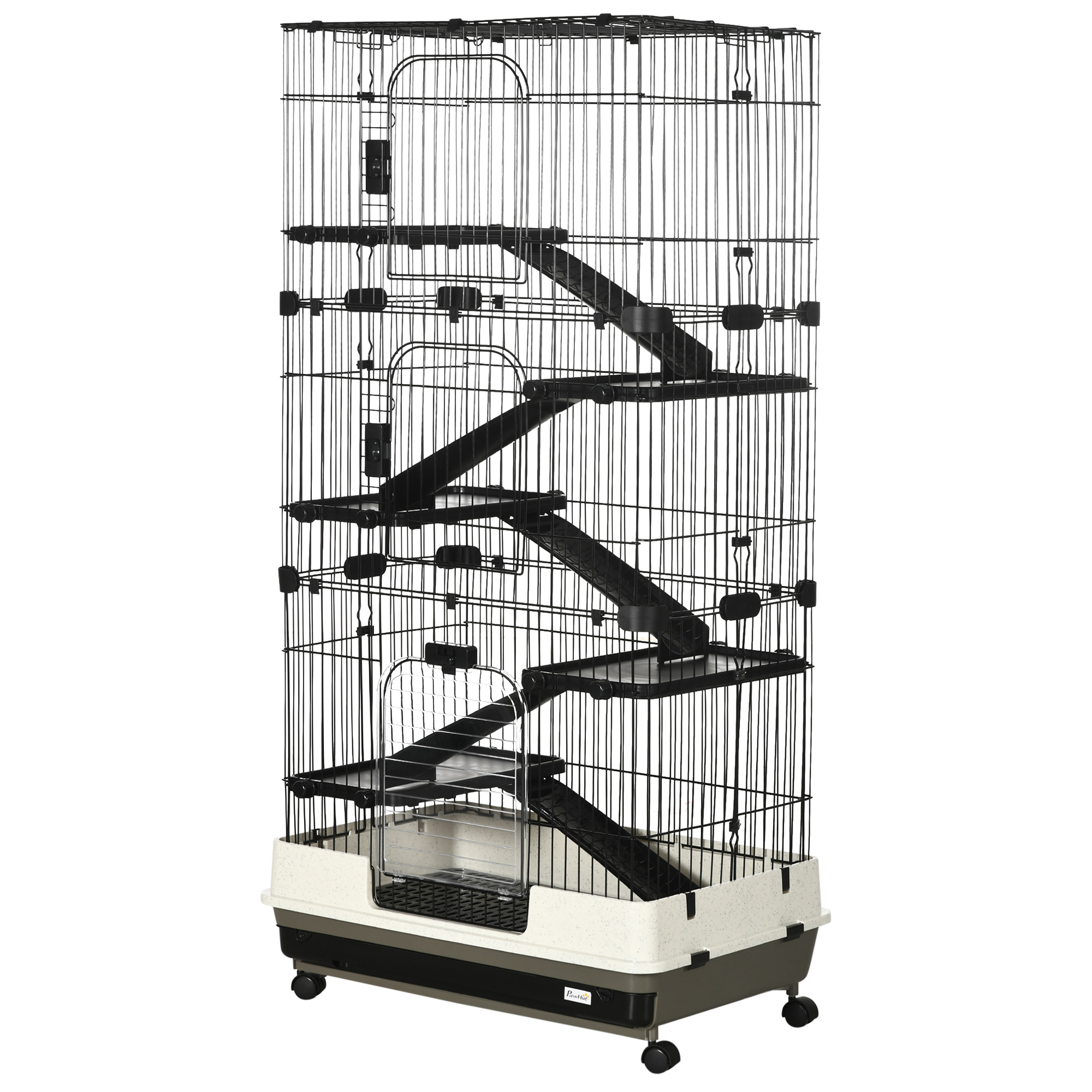Comparer les prix de PawHut Cage pour lapin enclos à 5 niveaux avec 3 portes 5 rampes plateau amovible roulettes 81 x 52,5 x 159 cm noir et gris