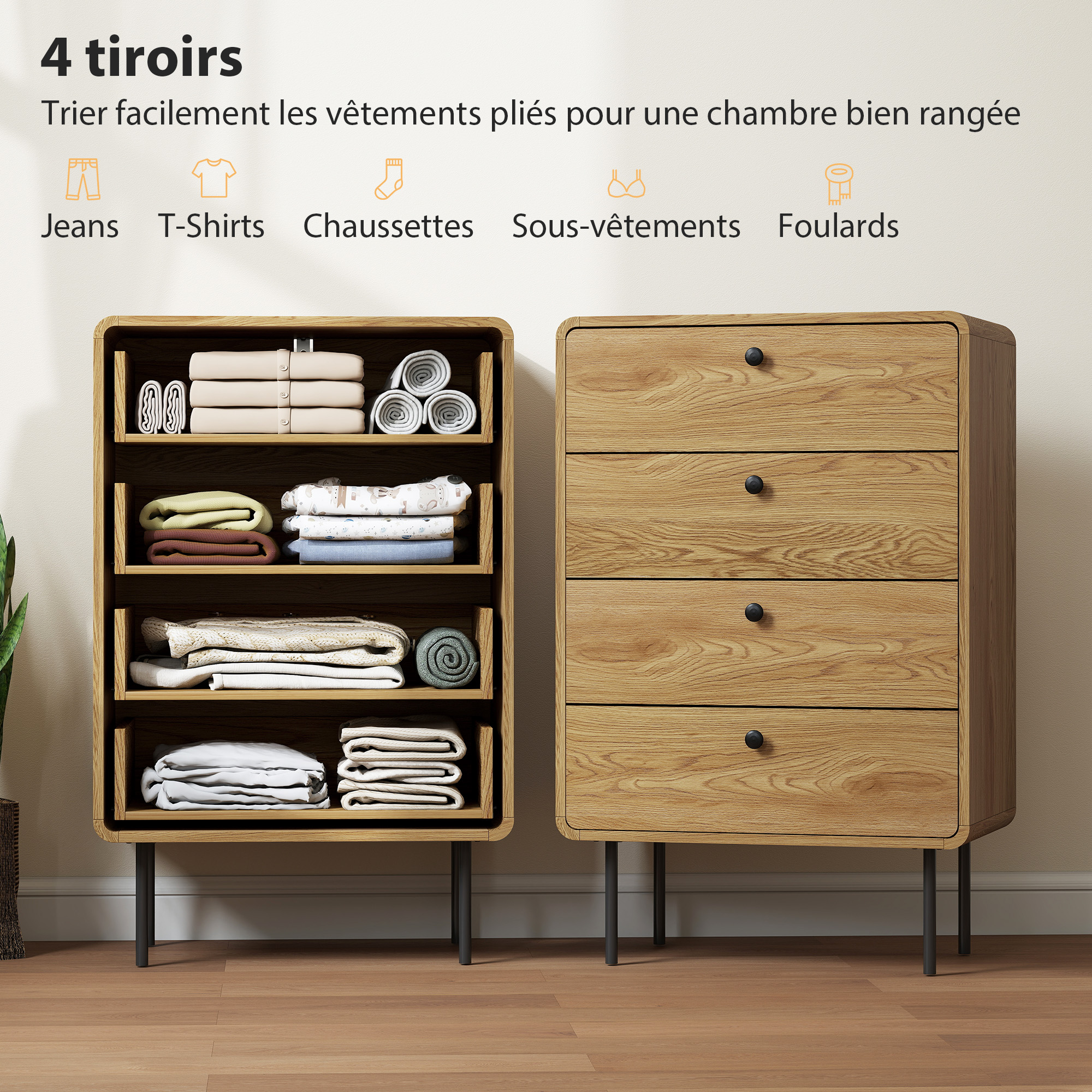 Commode 4 tiroirs en bois de chêne et métal noir - IBIZA