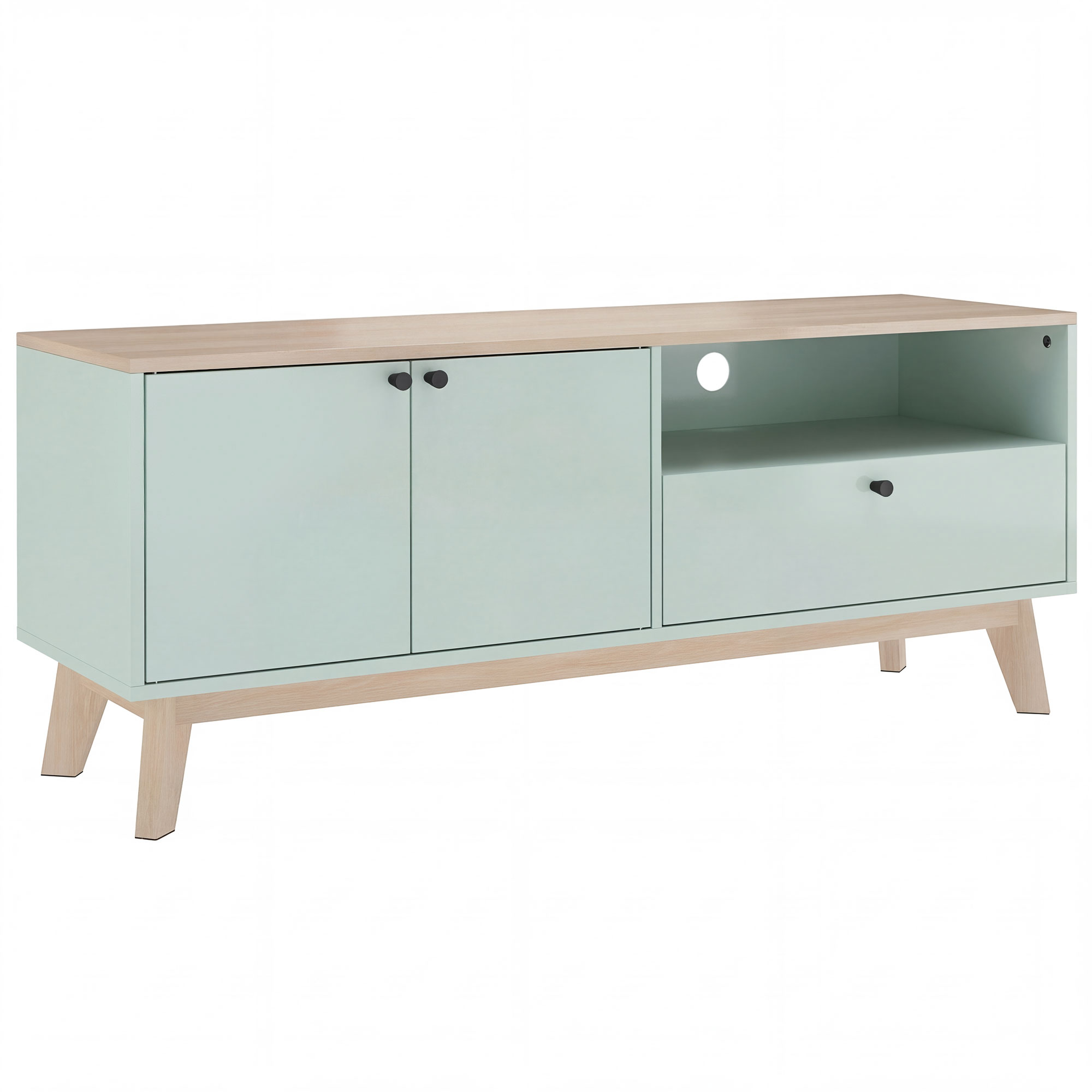 HOMCOM Mueble TV 120 cm, mueble para televisor hasta 91,44 cm con 2 puertas, cajón, compartimento abierto, verde claro