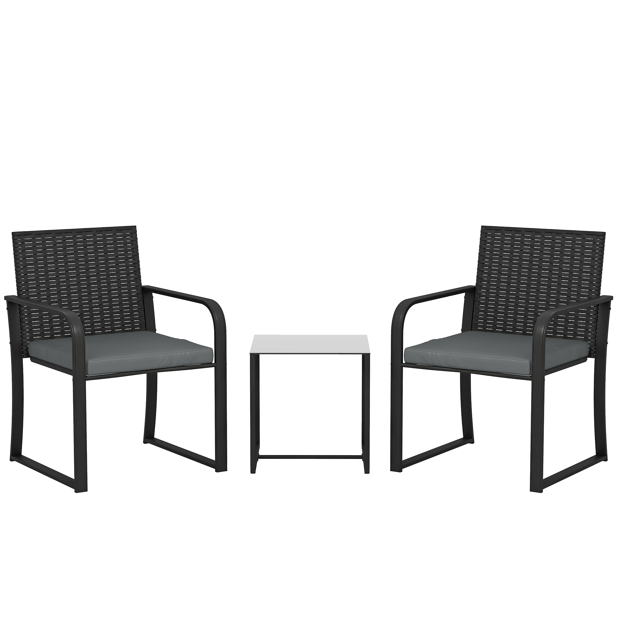 Outsunny Conjunto de Muebles de Jardín de Ratán Sintético con 2 Sillas con Cojines y Mesa con Tablero de Vidrio Gris
