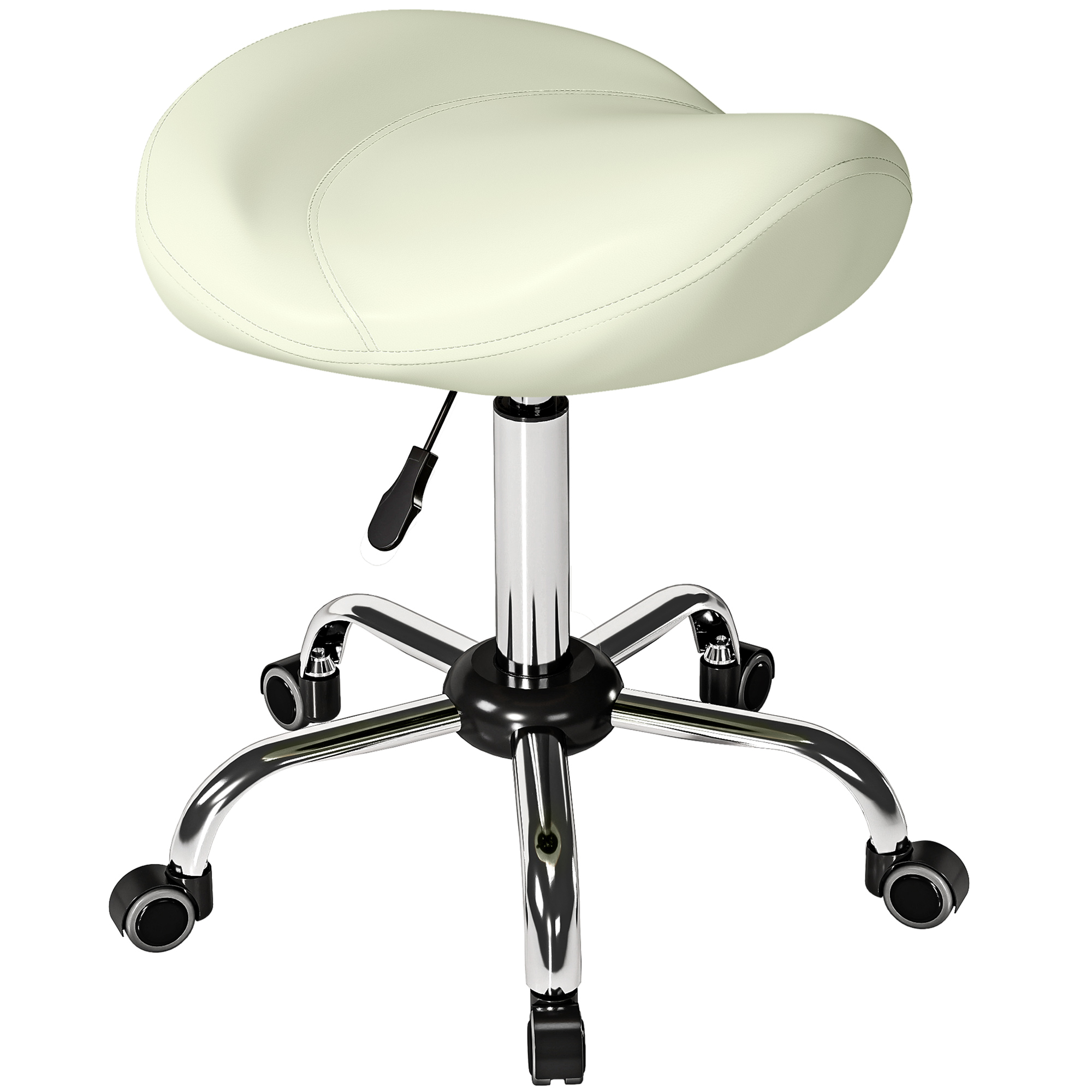 HOMCOM Siège en forme de selle, tabouret roulant réglable en hauteur en PU pour massage, spa, clinique, beauté et tatouage, Crème