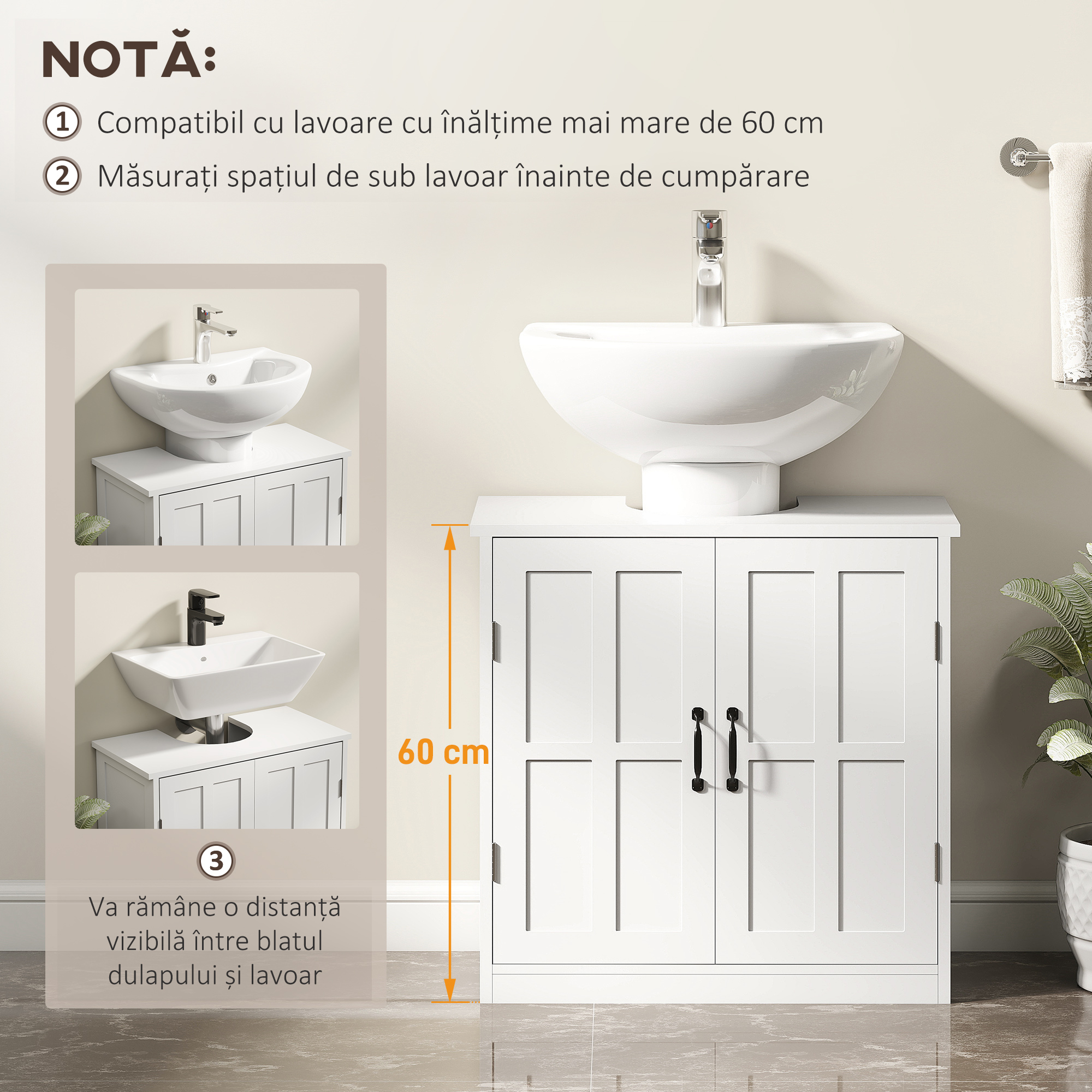 , Masa de baie, cu doua usi, MDF, PAL, 60x30x60 cm, Alb [4]