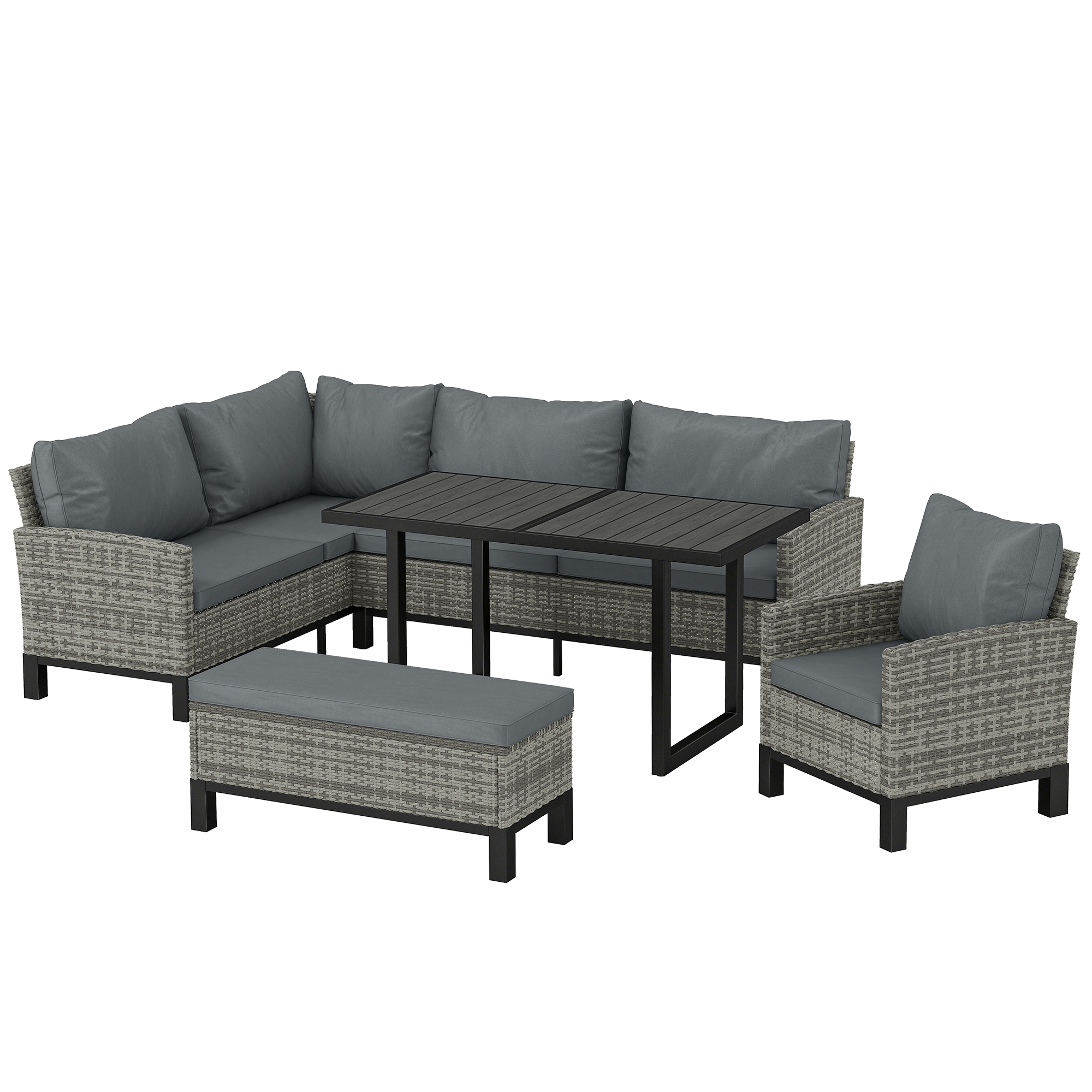 Outsunny 9 Seater Rattan Garden Furniture Corner Sofa Set, Outdoor Dining Set with Faux Wood Table, Ottoman, Cushions, Dark Grey