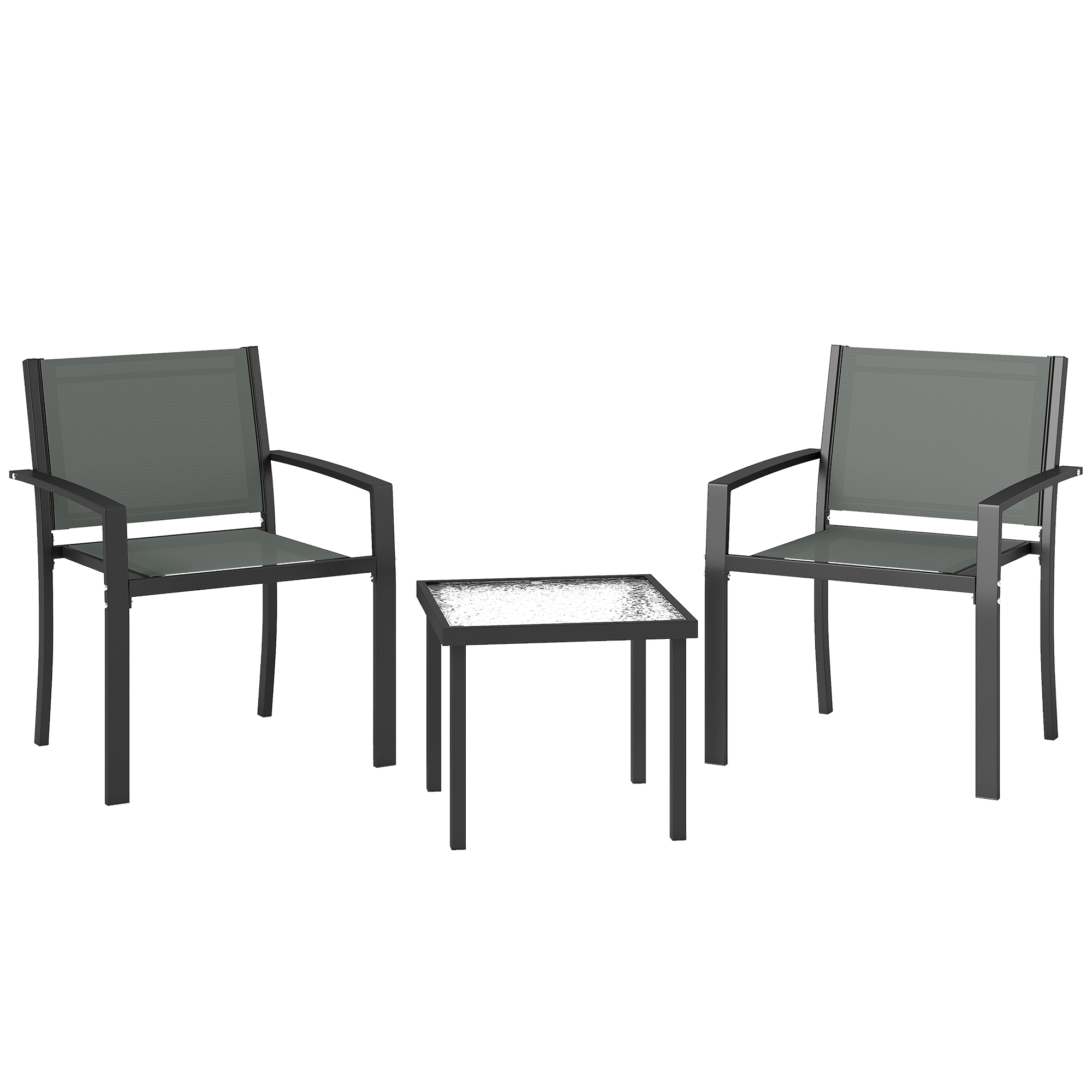 Outsunny 3-teiliges Terrasse-Set aus Tisch und Stühlen, Gartenmöbel für draußen mit 2 breiten Textilene-Stühlen, Tischplatte aus gehärtetem Glas, für Terrasse, Balkon, Hellgrau Aosom