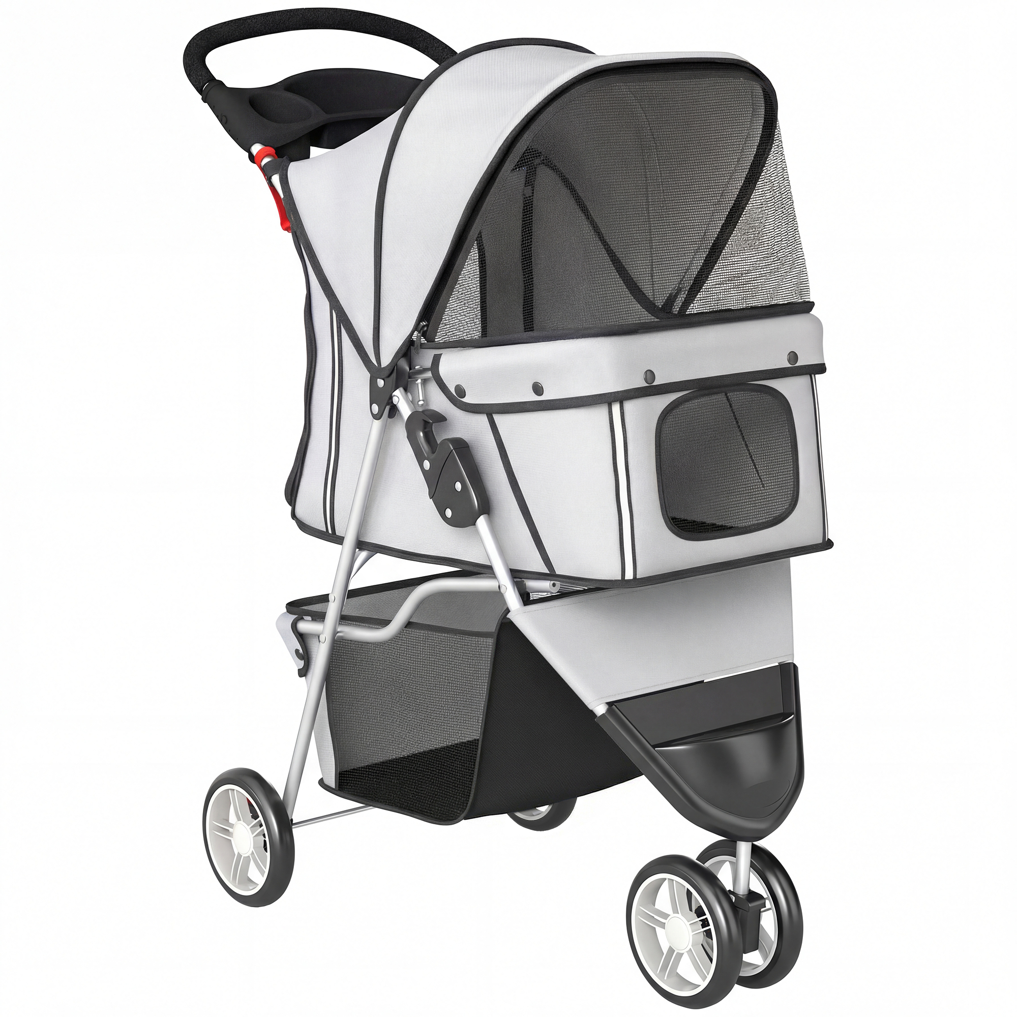 PawHut Dog Stroller, 3 Wheels Foldable Pet Stroller with Adjustable Canopy, Storage Basket for Small Mini Breeds, Grey