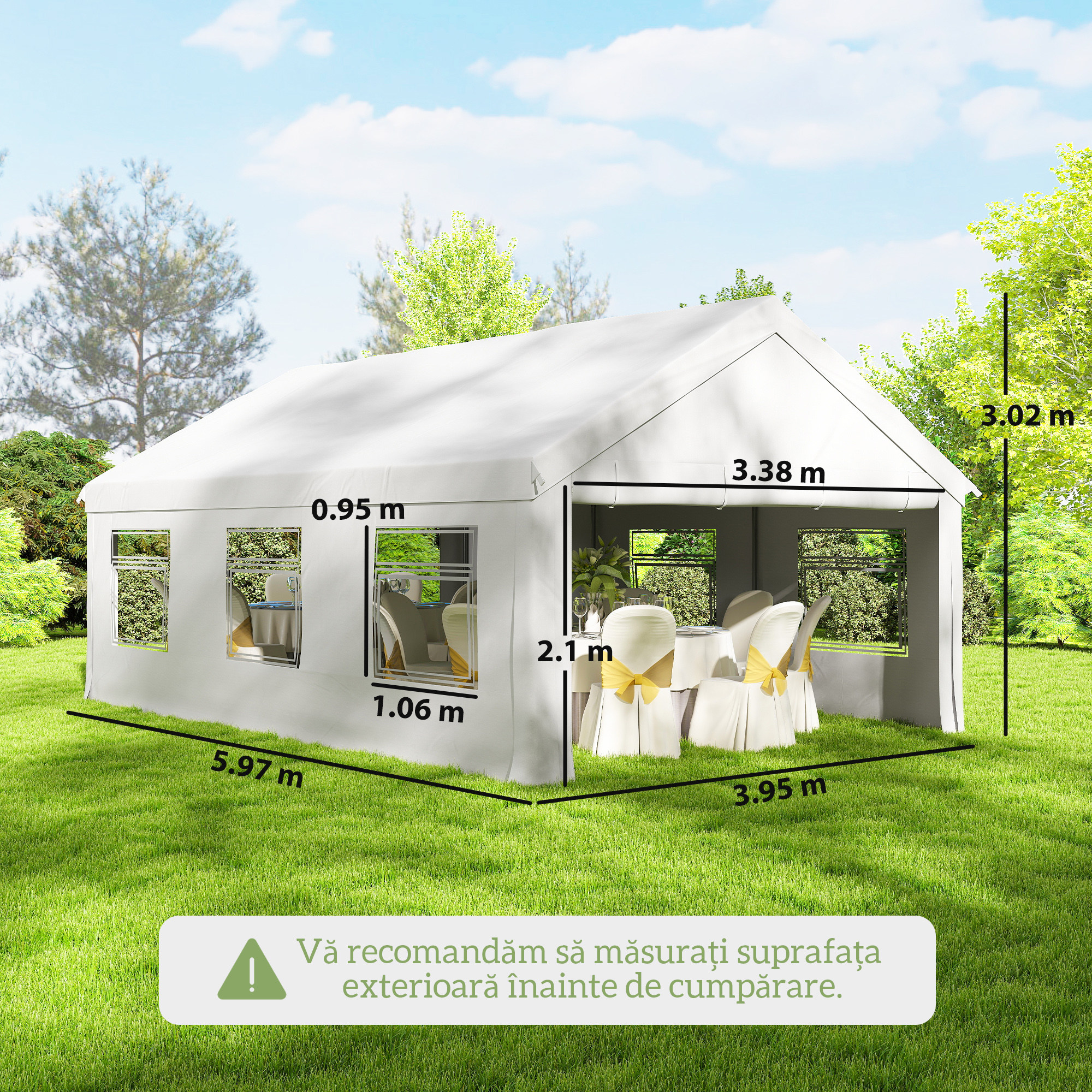  Pavilion de Gradina 4x6 m cu Pereti Laterali, 6 Ferestre si Dubla Intrare, din Otel Galvanizat, Alb [2]