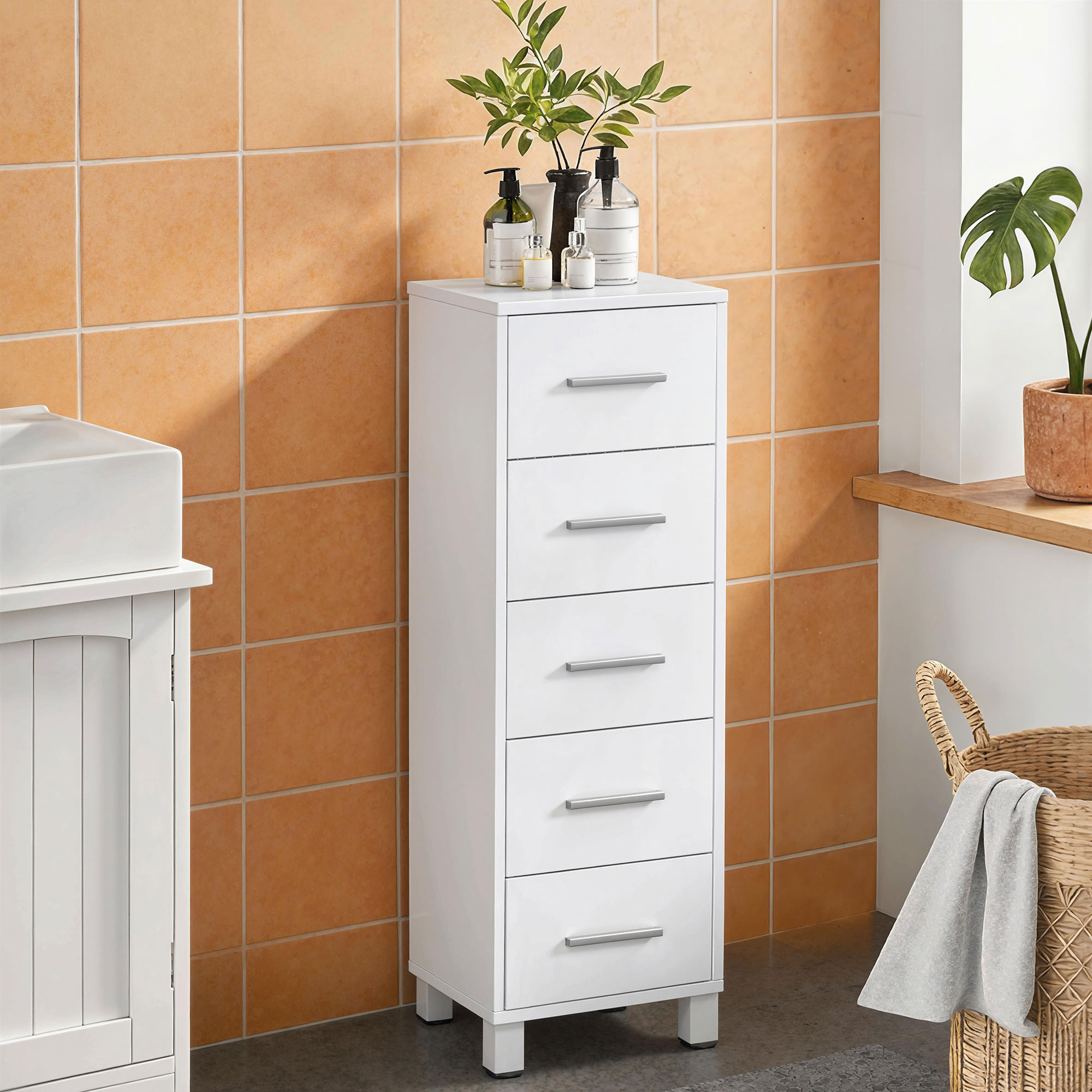 HOMCOM Badezimmerschrank Schmaler Badschrank mit 5 Schubladen Toilettenschr günstig online kaufen
