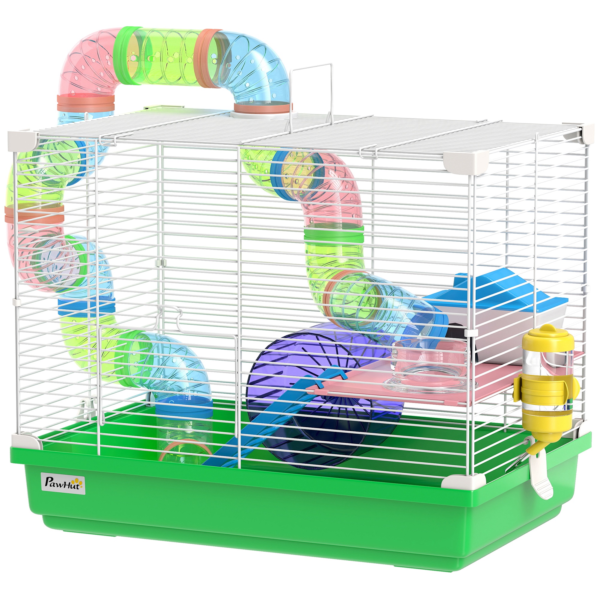 Meilleurs prix pour PawHut Cage à hamster rongeur 2 niveaux avec tunnel, biberon eau, roue, maisonnette, échelles 46 x 30 x 37 cm vert