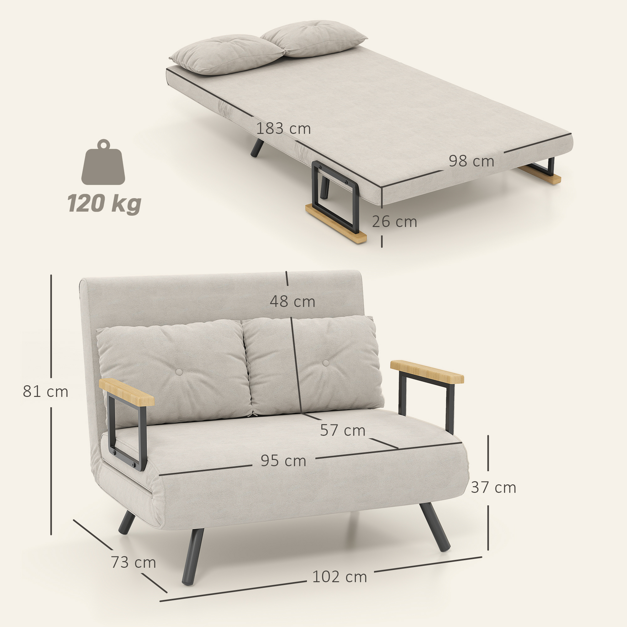 Canapé Convertible 2 Places En Velours Hyper Confortable – Réglable 6 Positions, Idéal Pour Chambre Ou Salon