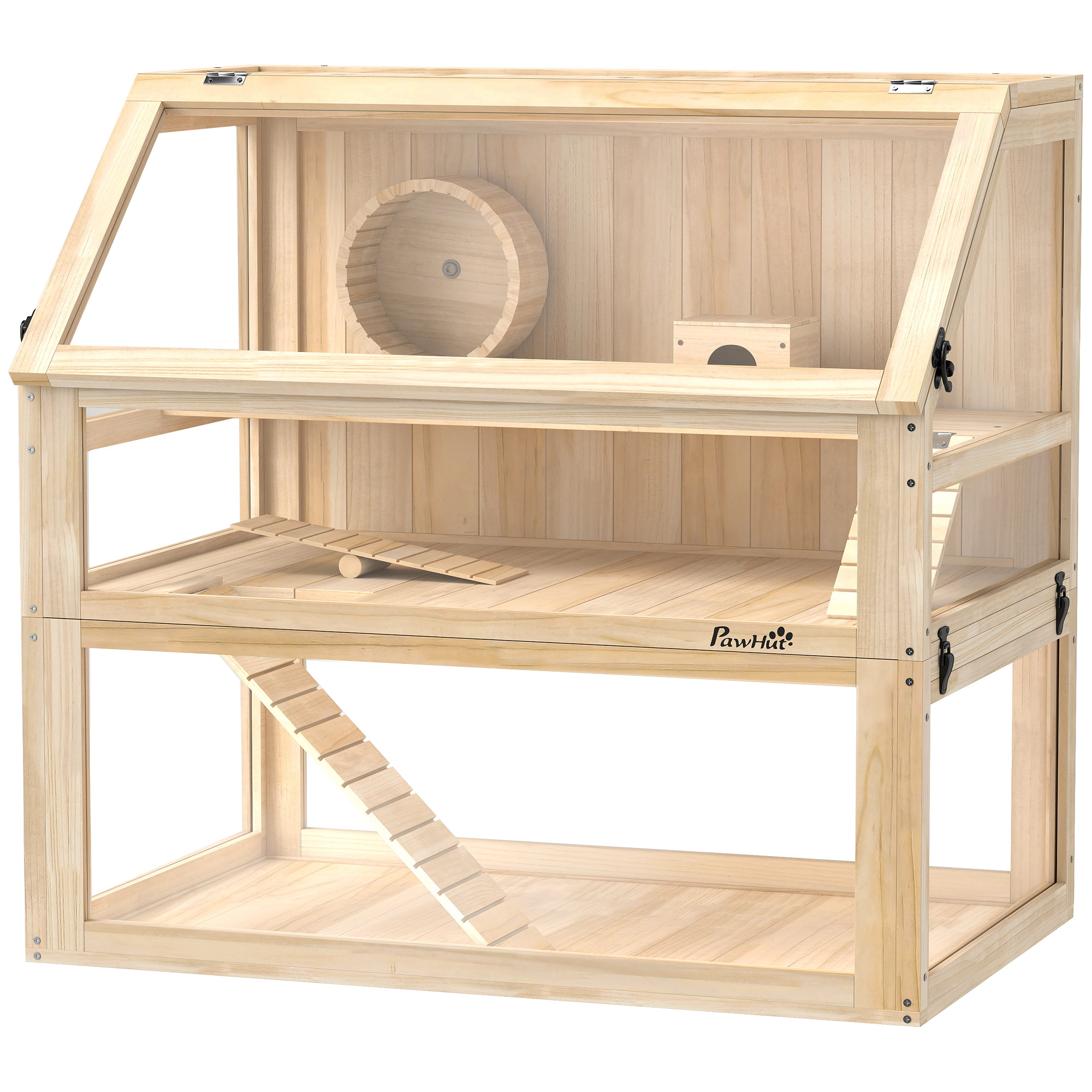 Comparer les prix de PawHut Cage hamster rongeur à 3 niveaux fond amovible de 31 cm de profondeur cabane balançoire 80x50x76cm finition bois naturel
