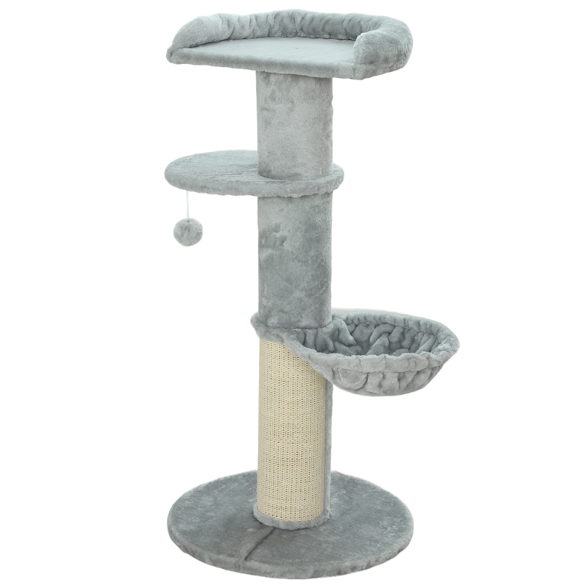 Meilleurs prix pour PawHut Arbre à chat tonneau à gratter pour chats griffoir en sisal, hamac, plateforme, balle jouet, Ø 48 x 103,5 cm, gris clair