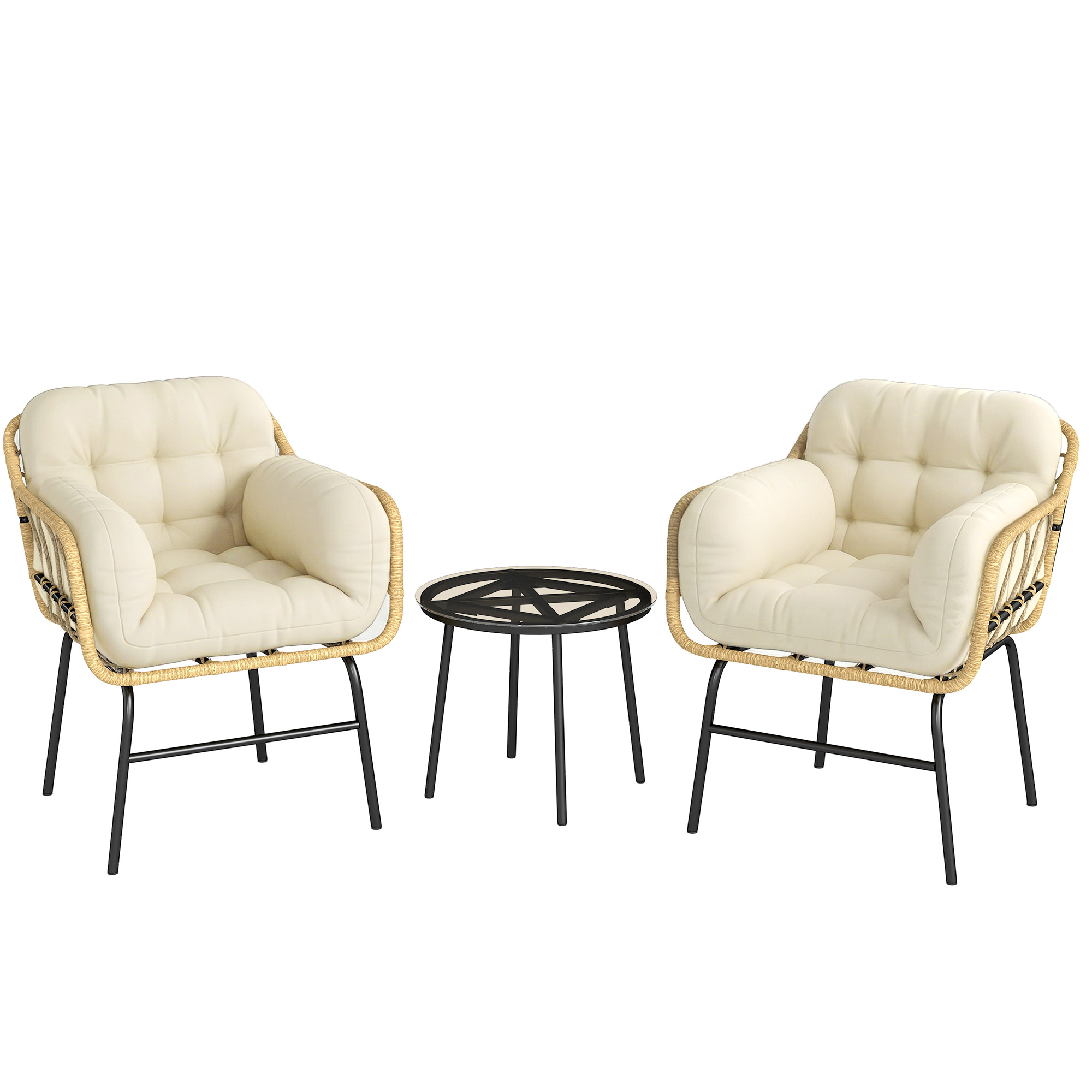 Outsunny 3‑teiliges Gartenlounge-Set aus Polyrattan, Couchtisch aus Sicherheitsglas, 2 Sessel mit 2 Kissen, Gartenmöbel für Balkon Terrasse Patio, Khaki Aosom