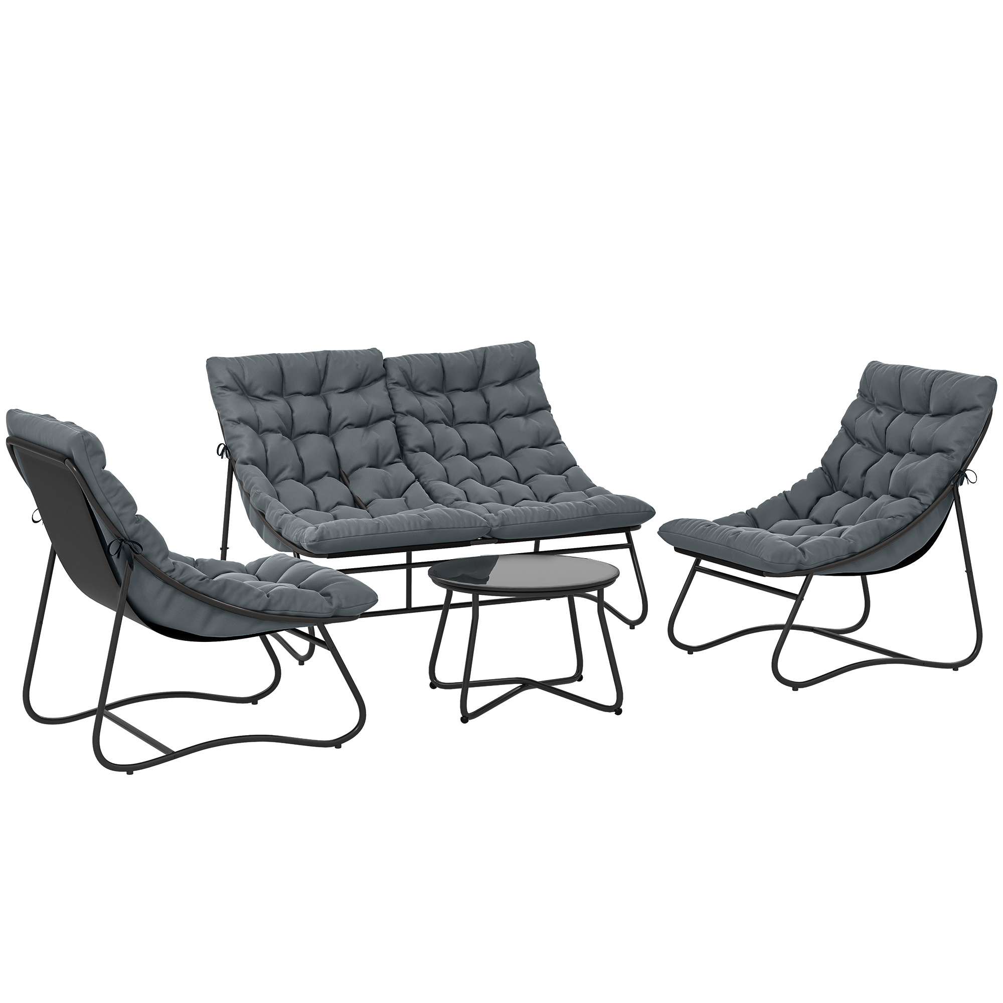 Outsunny 4‑teiliges Gartenlounge-Set mit 8 cm dicken Kissen - Außenmöbel-Set aus Stahl und atmungsaktivem Textilene - Couchtisch mit gehärteter Glasplatte für moderne Terrasse/Balkon, Grau Aosom