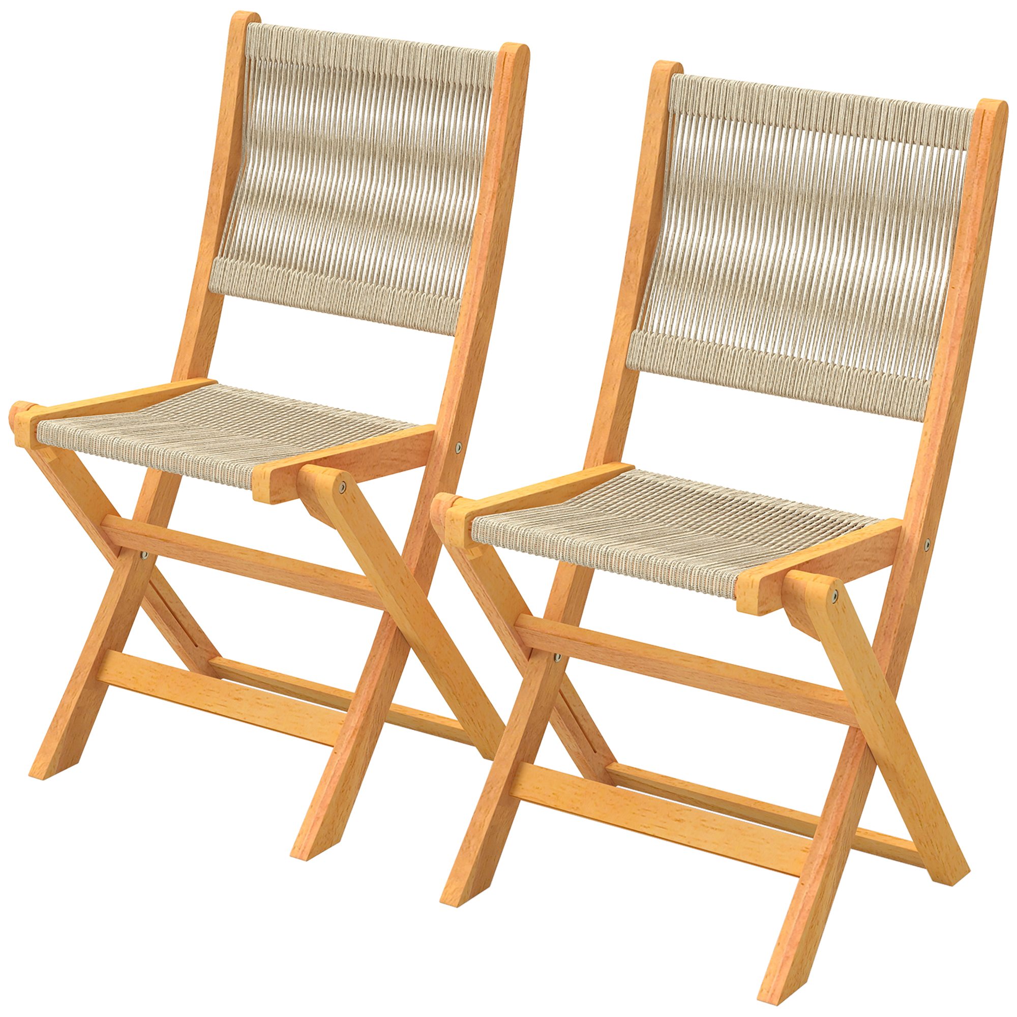 Outsunny Lot de 2 Chaises de Jardin Pliantes Chaises de Balcon en Bois d'Acacia FSC Assise en Corde Tressée Naturel et Beige