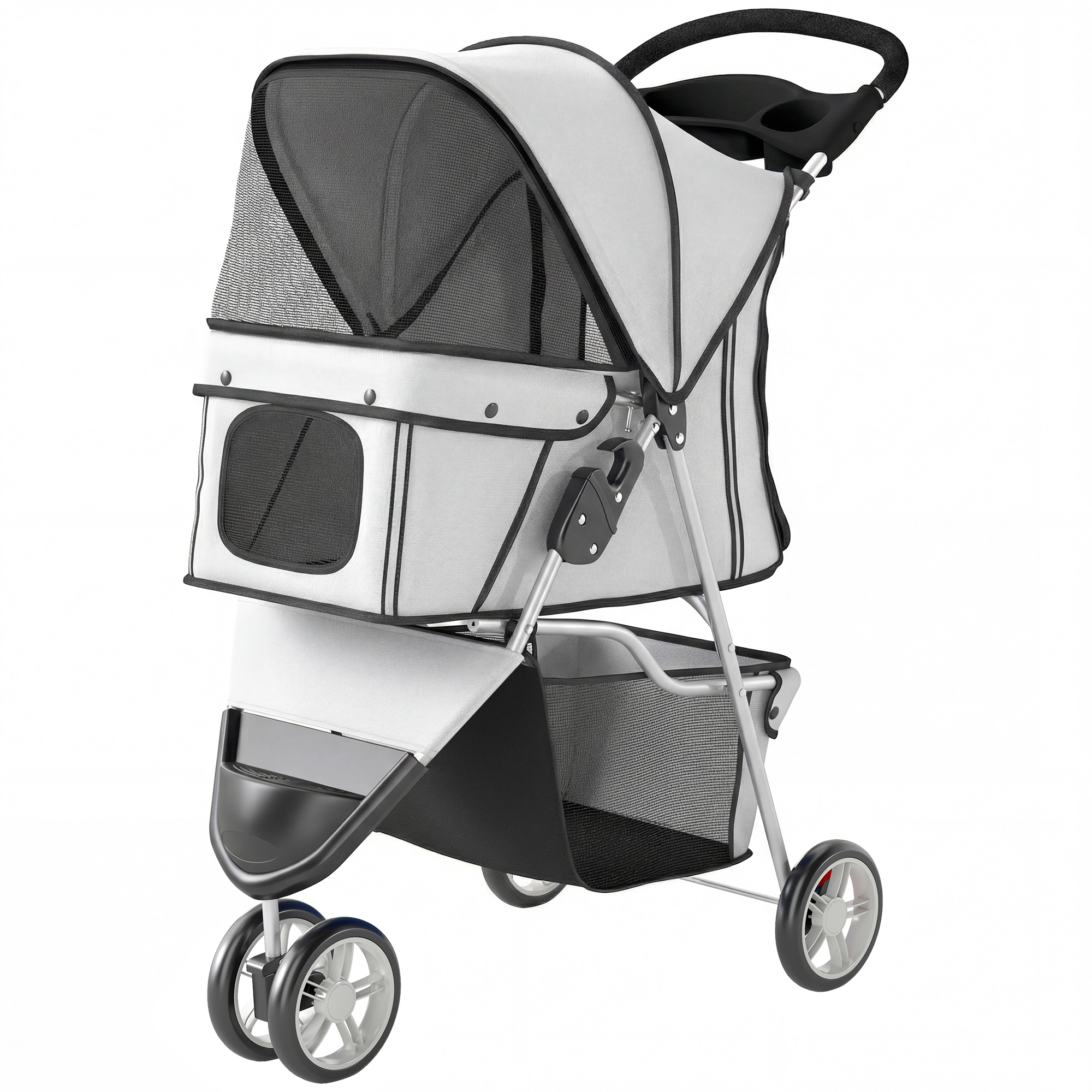 Meilleurs prix pour PawHut Poussette pour Chien 4 Roues, Chariot Pliable avec Auvent Réglable, Panier de Rangement, 77x44x102cm, Gris