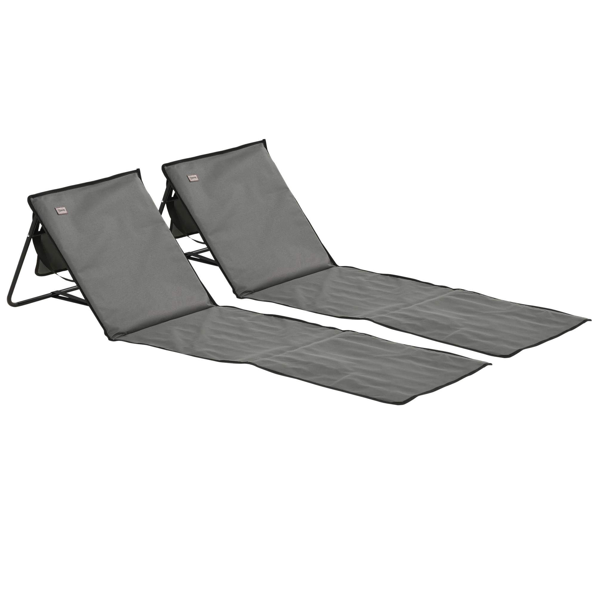 Outsunny Set of 2 Foldable Garden Beach Chair Mat, Outdoor Sun Lounger Seats with Adjustable Back, Magazine Pocket, Carry Bag