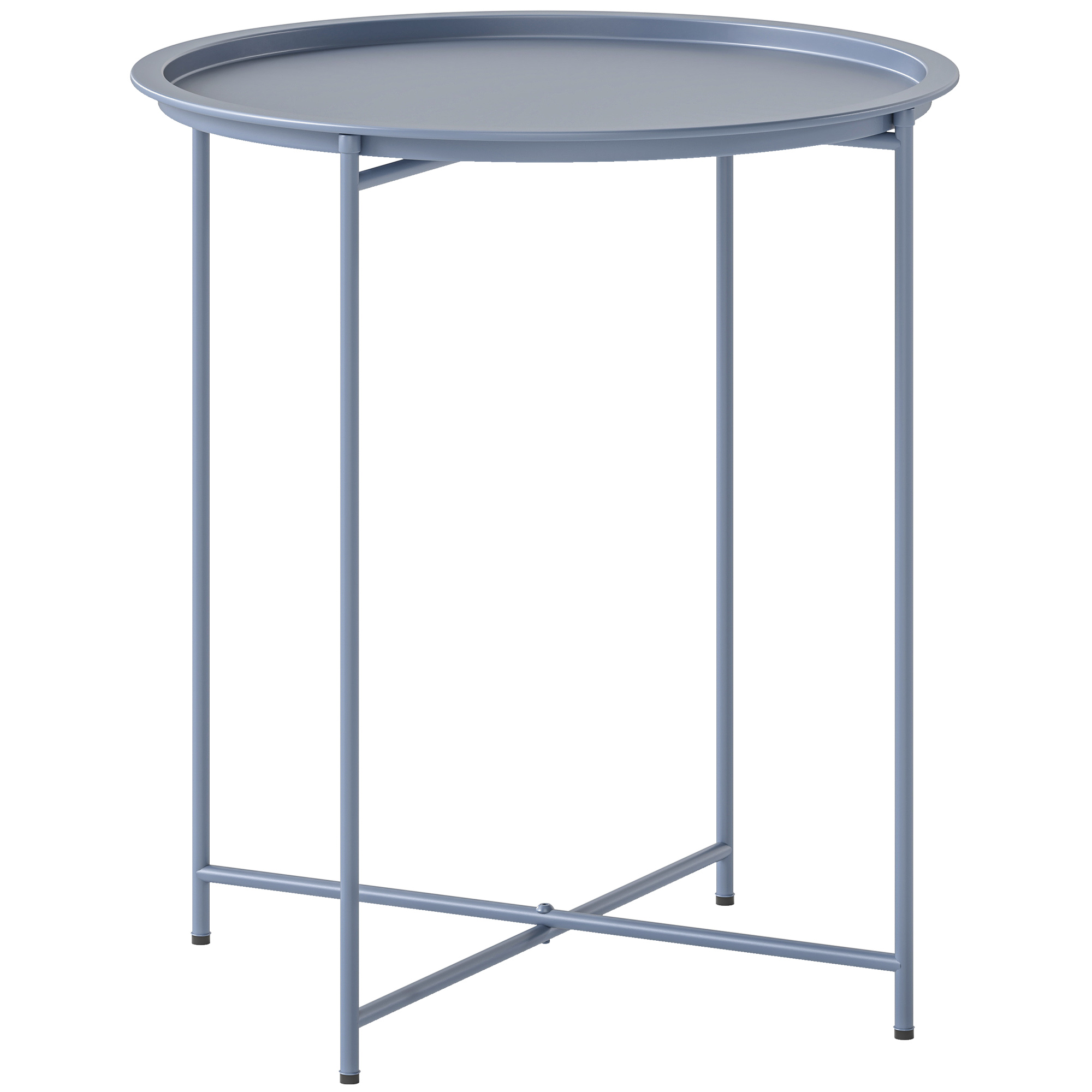 Outsunny Mesa Baja Redonda Mesa Auxiliar Tablero Extraíble con Borde Elevado Patas Plegables en Metal Ø46x50cm Azul Grisáceo