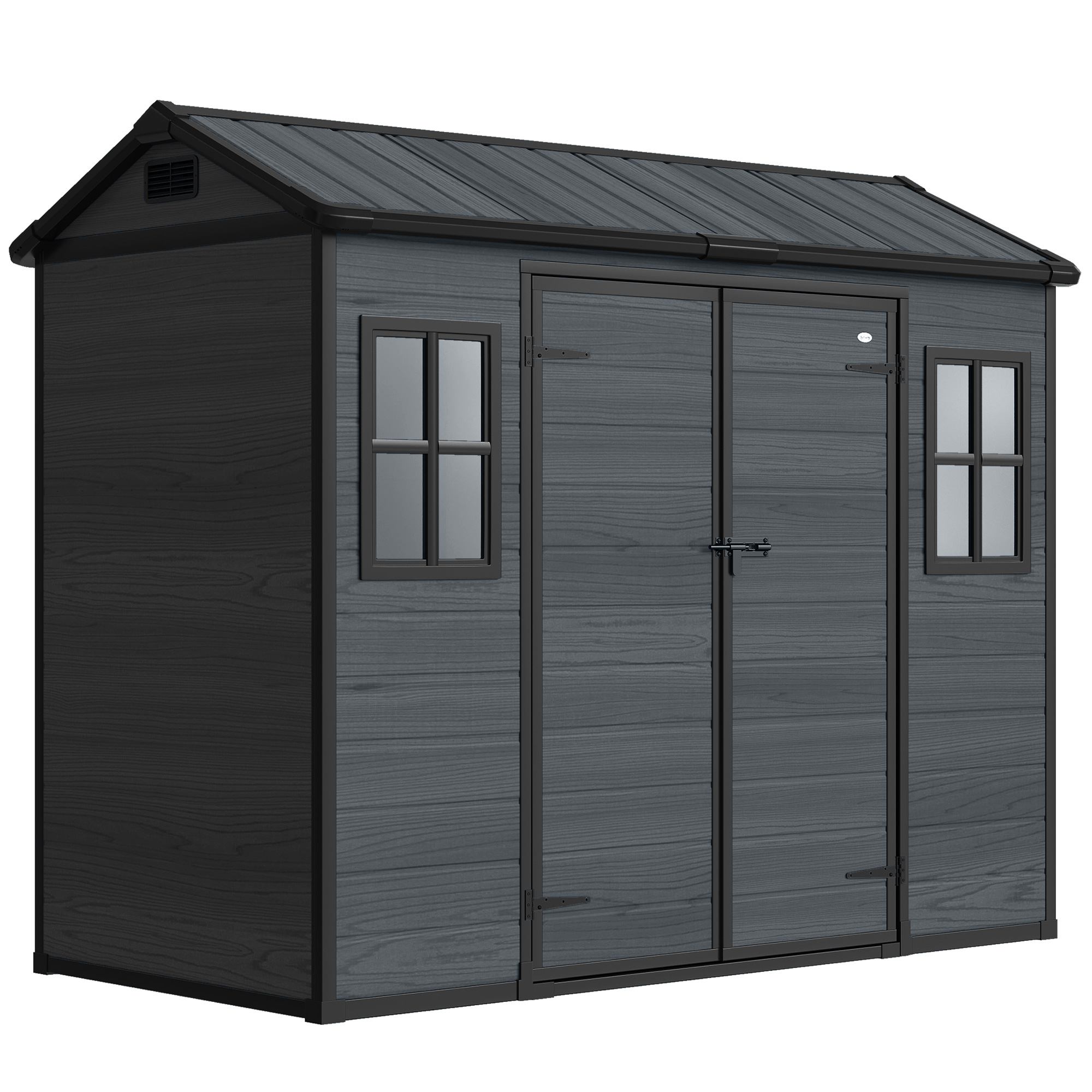 Outsunny 8 x 4 ft Resin Garden Shed, Wood-Effect Outdoor Storage Shed with Floor, Windows, Lockable Doors and Vents, Dark Grey