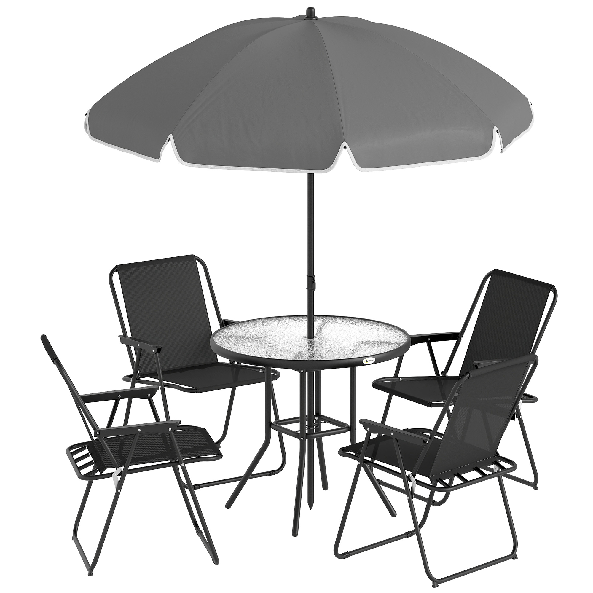 Outsunny 4 Seater Garden Furniture Set, 6 Pieces Garden Table and Chairs with Parasol for Patio, Black